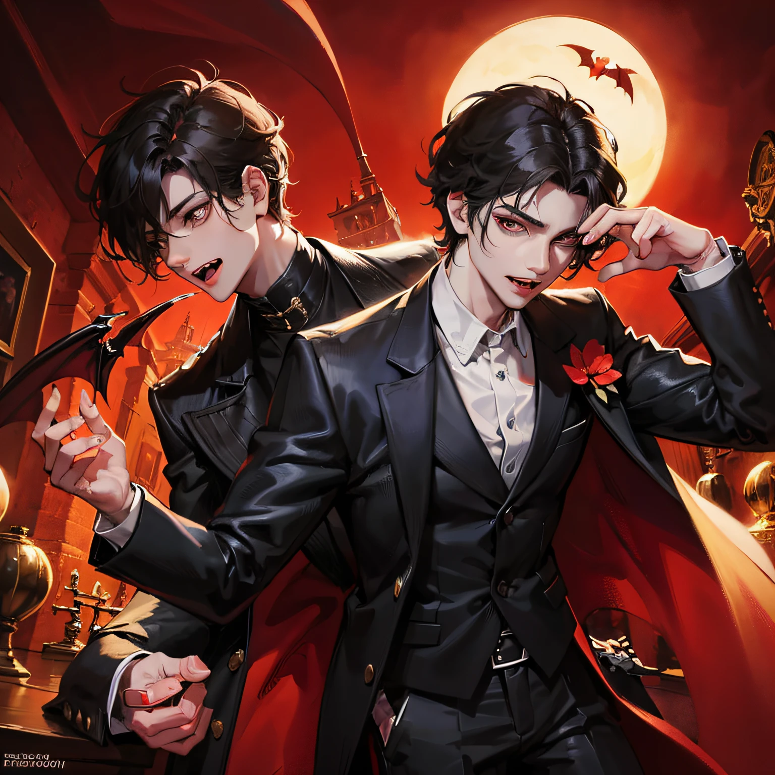 Absurd, high resolution, super detailed), 1 male, adult, handsome, tall muscular man, broad shoulders, black suit, scarlet eyes and delicate face, black hair, fantasy, vampire, fangs, fangs