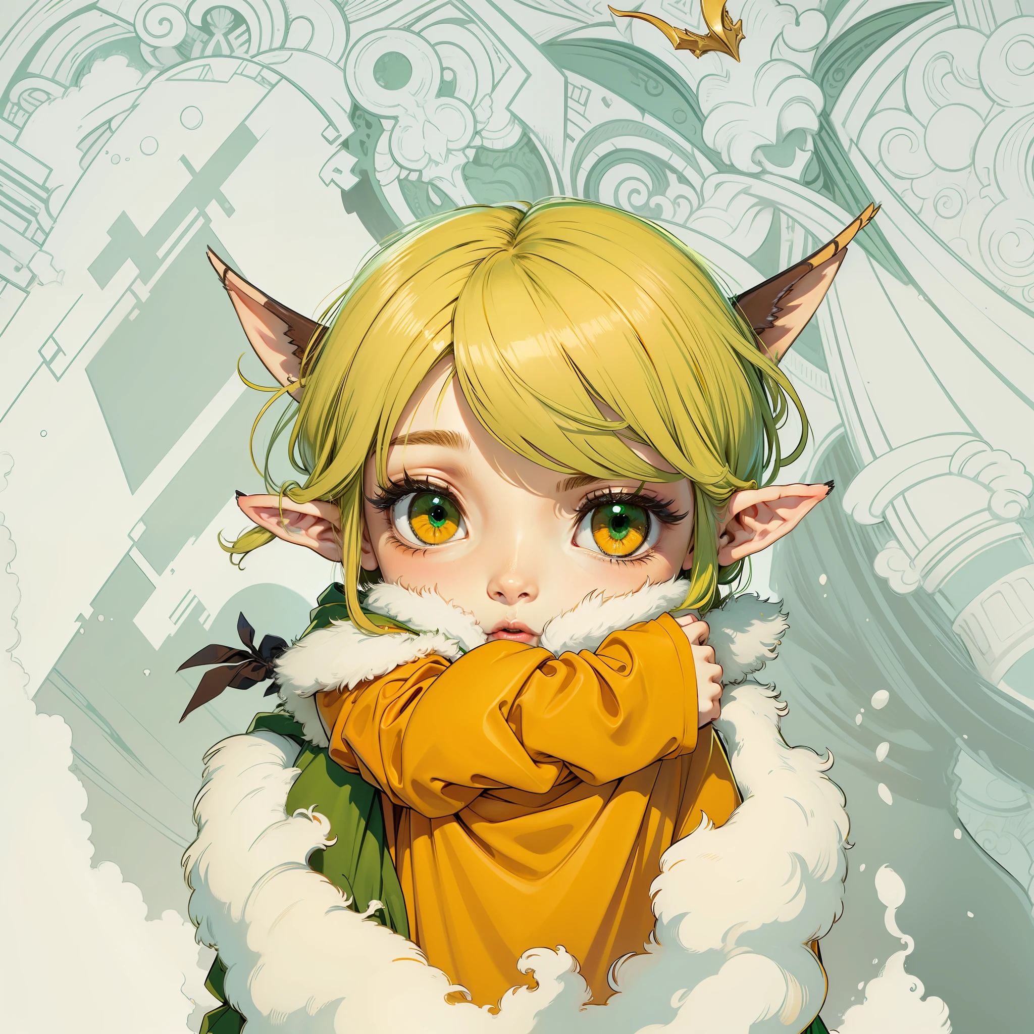 Long yellow hair, green eyes, elves, orange clothes