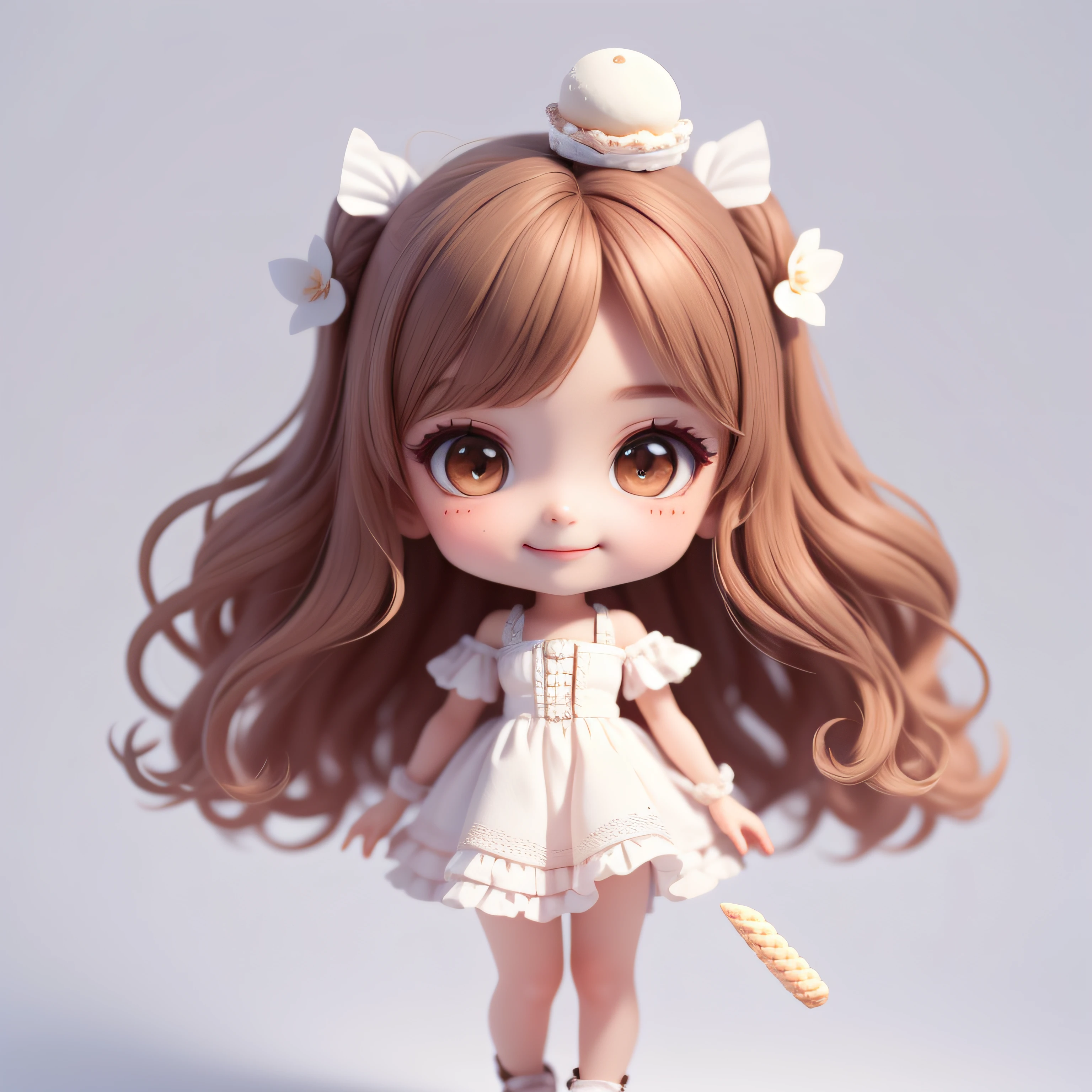 (Masterpiece), (Best Quality), (Ultra Detailed), (Full Body: 1.2), Chibi, Cute, Morning Light, White Background, Holding Ice Cream Cone, Front View, Bokeh, Supersaturated, Color Contrast: 1.1, Surreal, Digital Art, Art Station, 1 Girl, Smile, Brown Wavy Long Hair, Brown Eyes, White Dress with Ruffles, Off-the-Shoulders, Blush, (Beautiful Detailed Face)