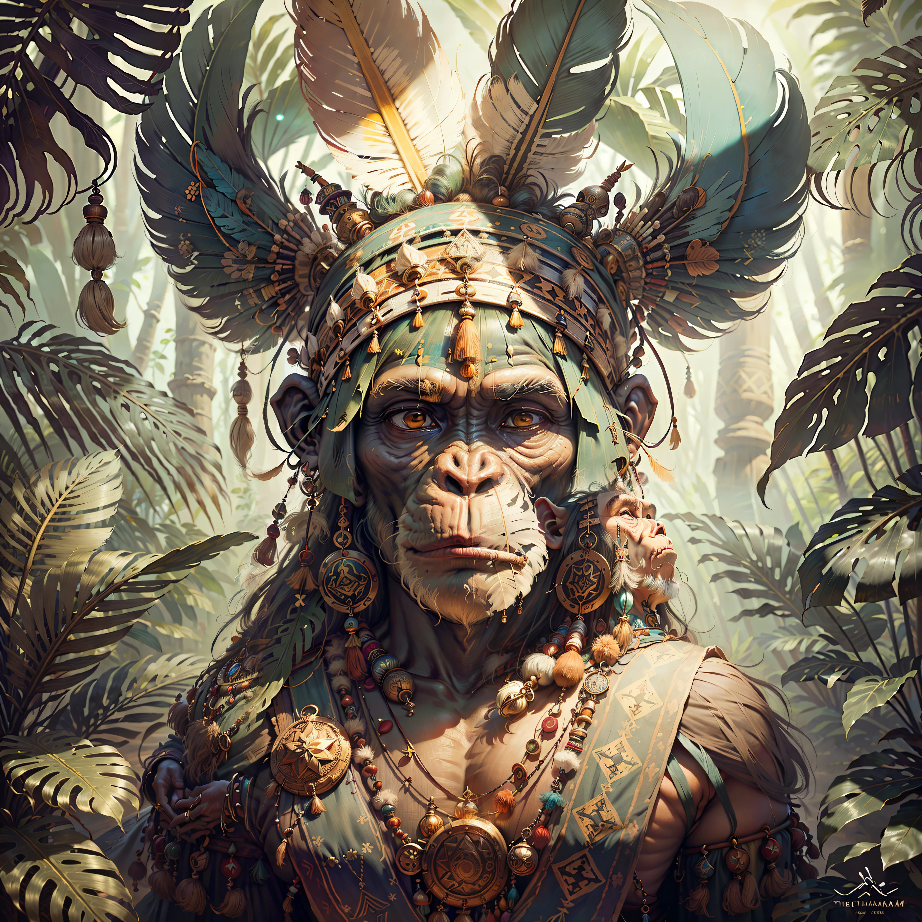 Chimpanzee ((Indian Shaman)),,((meditative state),,Shaman, elegant chimpanzee, hair with details, with Indian headdress on head, ((meditating)) many colorful feathers, colorful feathers, facing the camera, detail: dense tropical foliage, highly detailed intricate, ((masterpiece)), ultra hyperrealistic, masterpiece