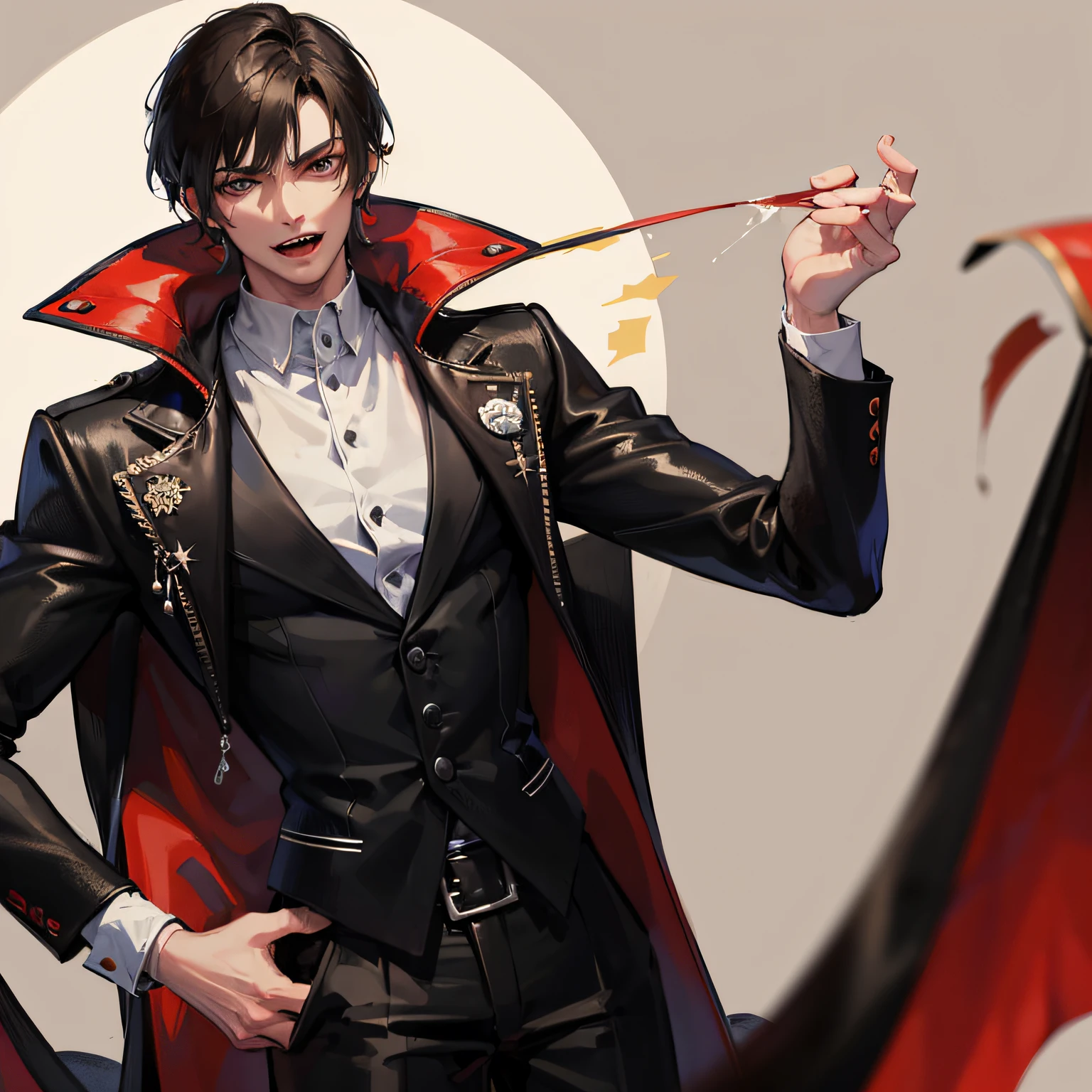 Absurd, high resolution, super detailed), 1 male, adult, handsome, tall muscular man, broad shoulders, black suit, scarlet eyes and delicate face, black hair, fantasy, vampire, fangs, fangs