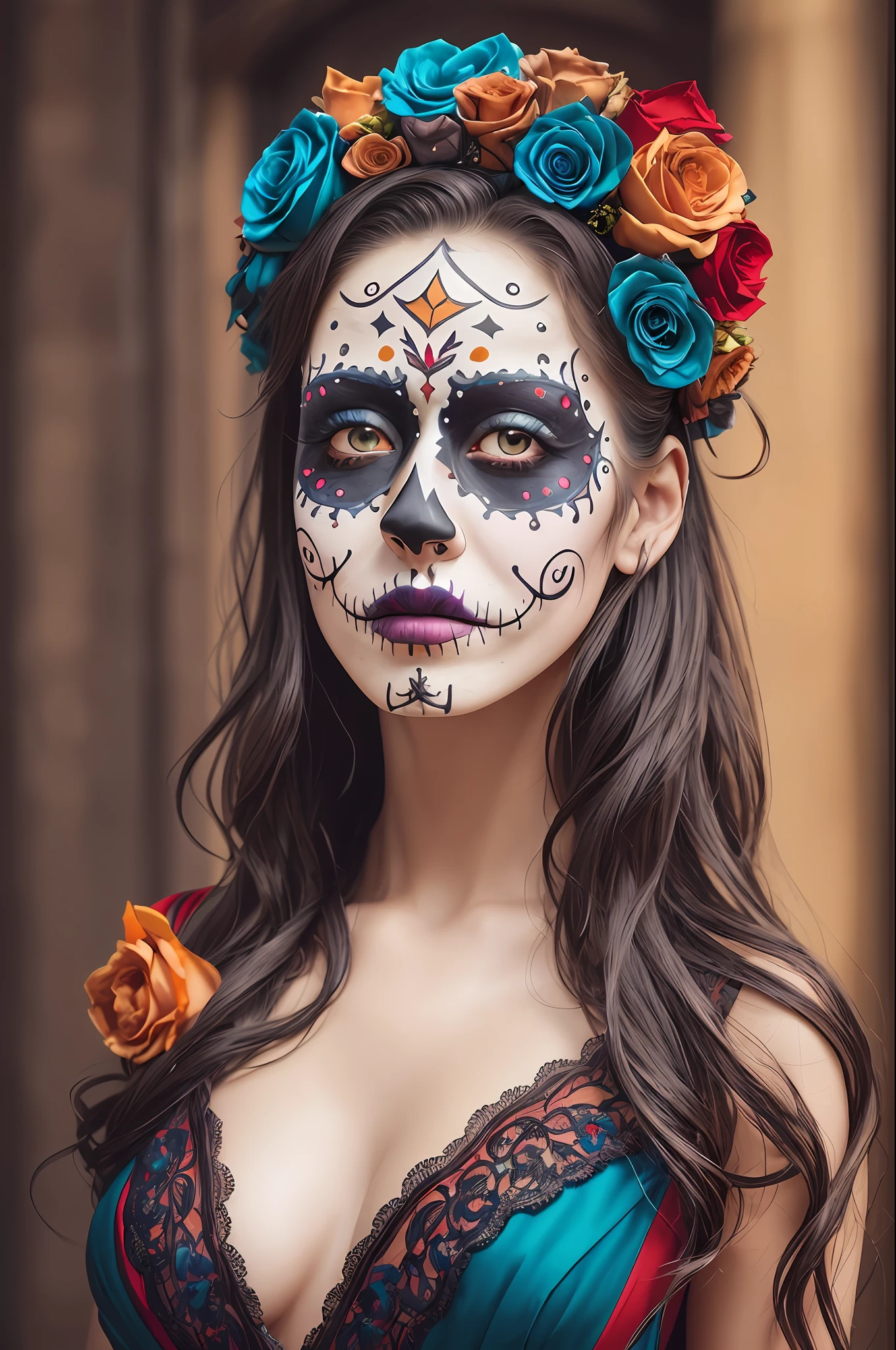 (dark shot:1.4), 80mm, a pretty cute woman with curly long hair with (colored makeup Dia de Muertos:1.3): posing in luxury castle, wreath of roses (on head:1.2), intricate detailed long (red dress:1.3) with black lace details, 4k, 8k, (intricate details:1.12), hdr, (intricate details, hyperdetailed:1.15), (natural skin texture, hyperrealism, soft light, sharp:1.2), soft light, sharp, exposure blend, medium shot, bokeh, (hdr:1.4), high contrast, (cinematic, teal and orange:0.85), (muted colors, dim colors, soothing tones:1.3), low saturation, (hyperdetailed:1.2), (noir:0.4)