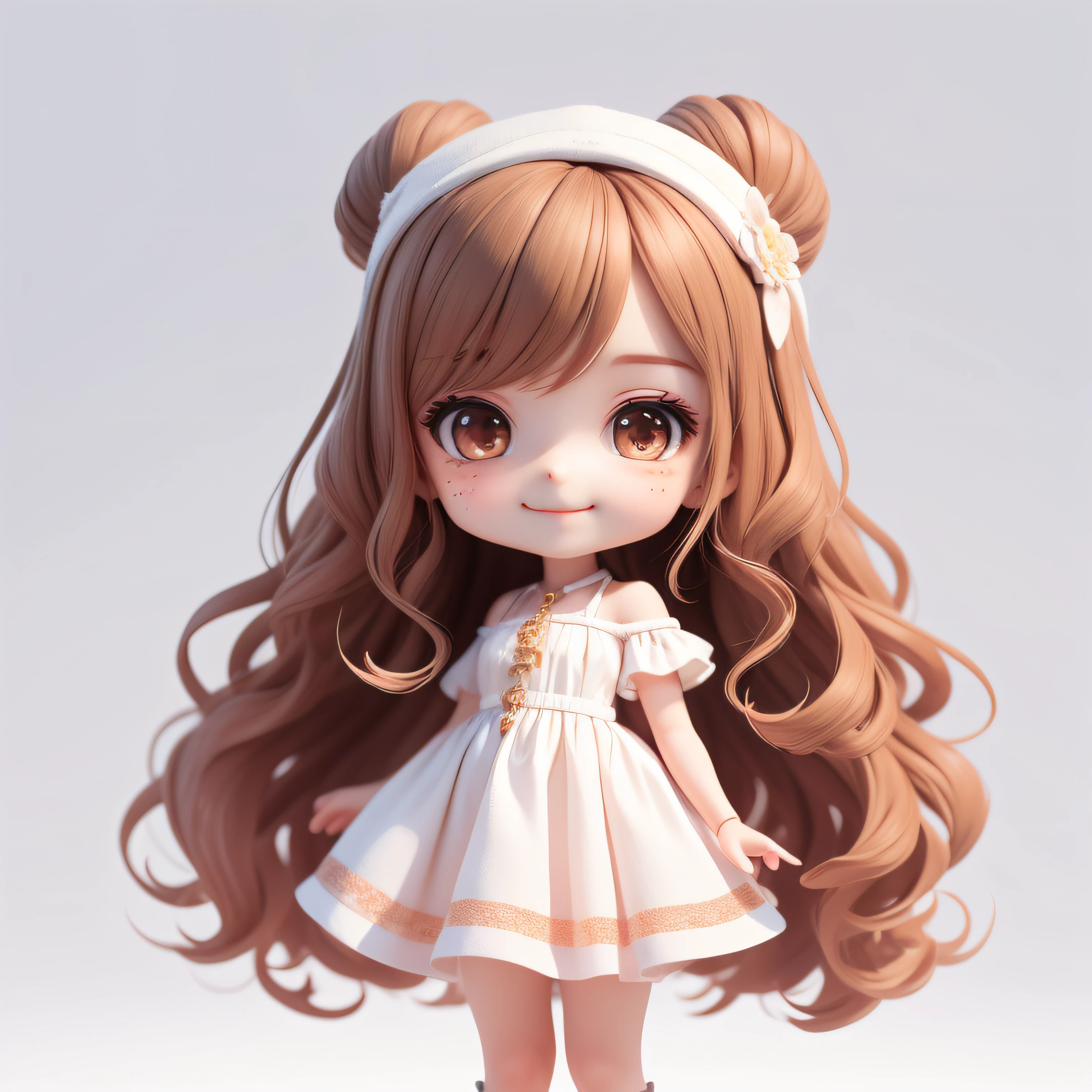 (Masterpiece), (Best Quality), (Ultra Detailed), (Full Body: 1.2), Chibi, Cute, Morning Light, White Background, Holding Ice Cream Cone, Front View, Bokeh, Supersaturated, Color Contrast: 1.1, Surreal, Digital Art, Art Station, 1 Girl, Smile, Brown Wavy Long Hair, Brown Eyes, White Dress with Ruffles, Off-the-Shoulders, Blush, (Beautiful Detailed Face)