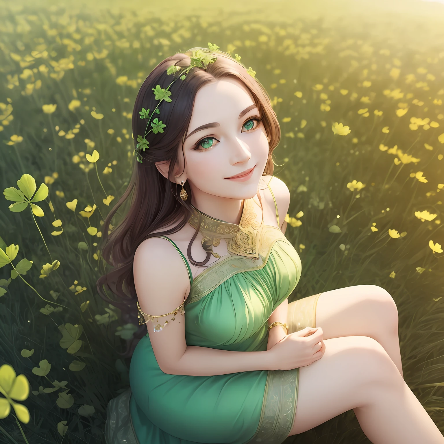 create artwork of a mature goddess of luck with a trefoil eye, bright green eyes, wearing a transparent green dress, looking up at the sky, gently smiling, sitting on a giant delicate green clover. --auto