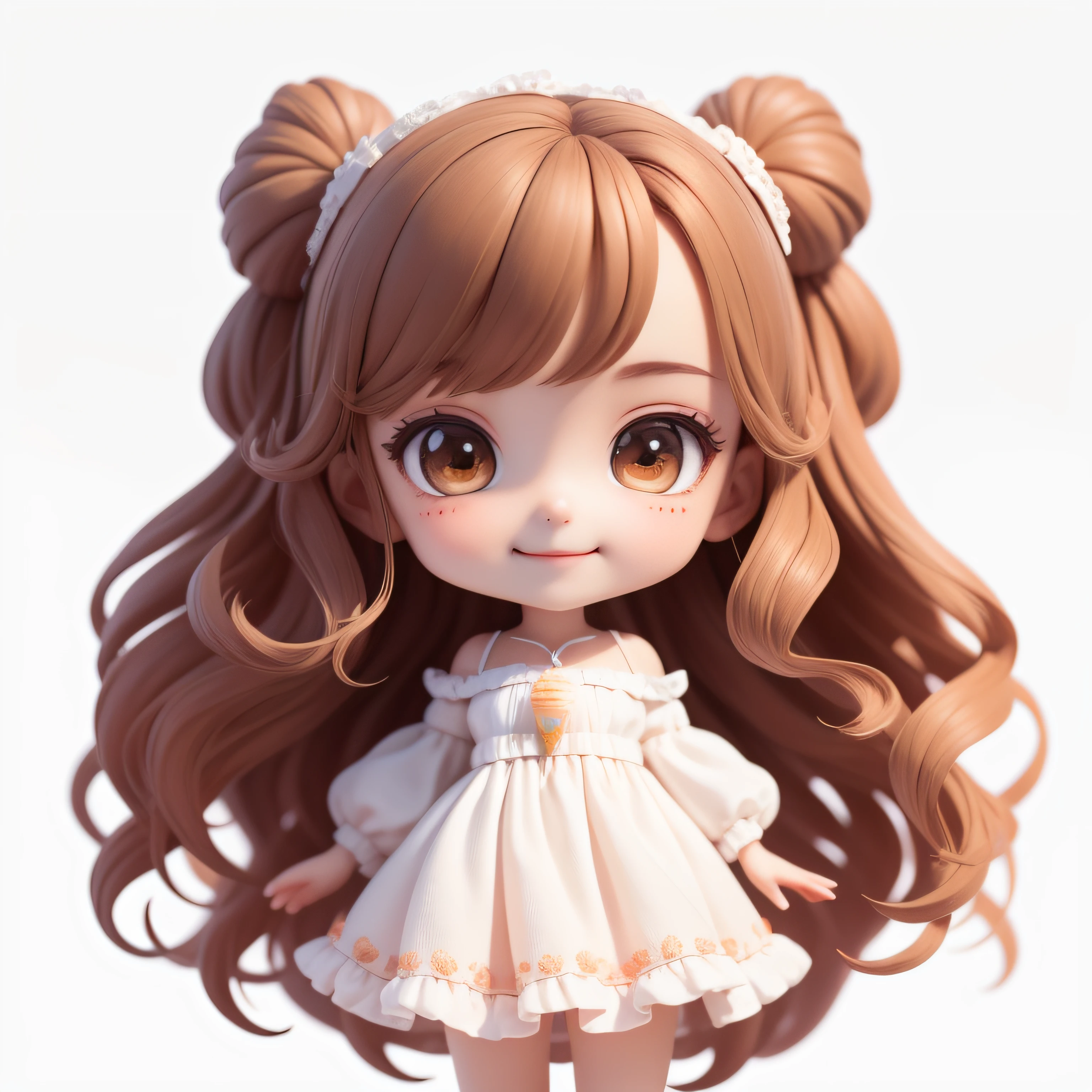 (Masterpiece), (Best Quality), (Ultra Detailed), (Full Body: 1.2), Chibi, Cute, Morning Light, White Background, Holding Ice Cream Cone, Front View, Bokeh, Supersaturated, Color Contrast: 1.1, Surreal, Digital Art, Art Station, 1 Girl, Smile, Brown Wavy Long Hair, Brown Eyes, White Dress with Ruffles, Off-the-Shoulders, Blush, (Beautiful Detailed Face)