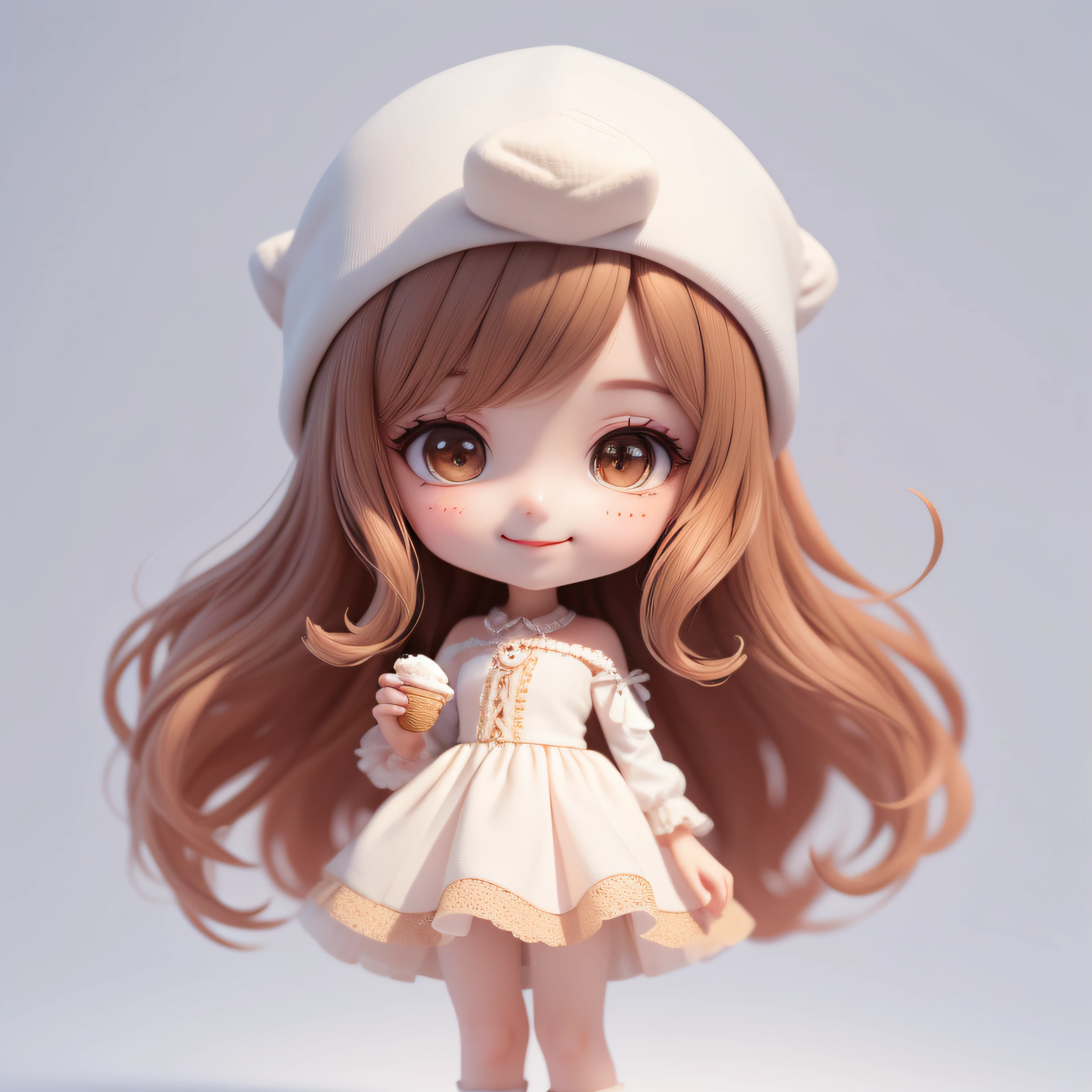 (Masterpiece), (Best Quality), (Ultra Detailed), (Full Body: 1.2), Chibi, Cute, Morning Light, White Background, Holding Ice Cream Cone, Front View, Bokeh, Supersaturated, Color Contrast: 1.1, Surreal, Digital Art, Art Station, 1 Girl, Smile, Brown Wavy Long Hair, Brown Eyes, White Dress with Ruffles, Off-the-Shoulders, Blush, (Beautiful Detailed Face)
