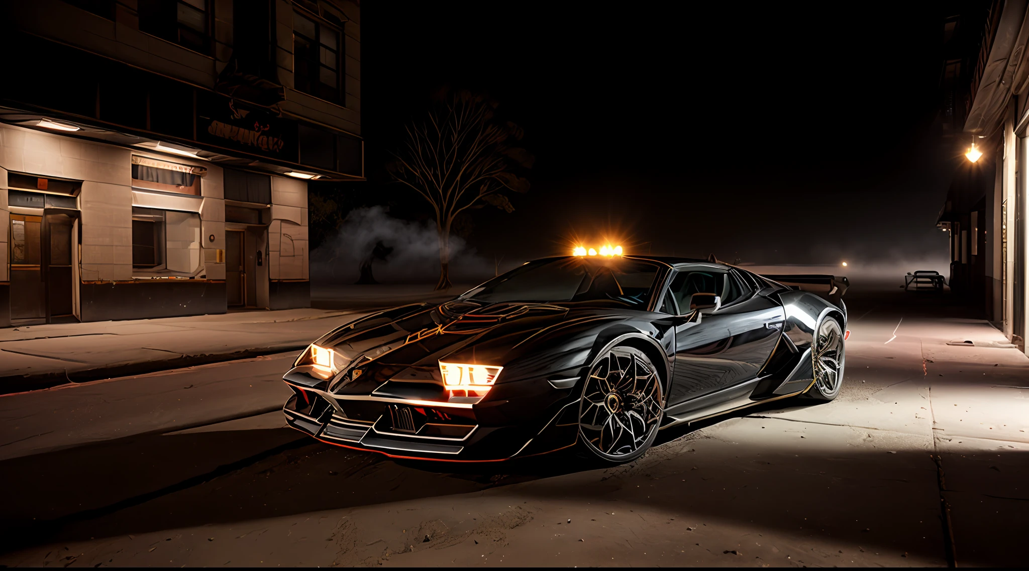 Grim photo of a ((Lamborghini stubborn)), three-quarter view, (sandy streets of New York City (at night)), speeding, motion blur, vandalized buildings, graffiti, sports photography, ((night)), horror, midnight, high detail, sharp focus, (photorealism), realistic, best quality, 8k, award-winning, dramatic lighting, epic, cinematic, masterpiece, tire light, (ambient fog: 1.3), volumetric lights: 0.7, Dutch angle, depth of field,