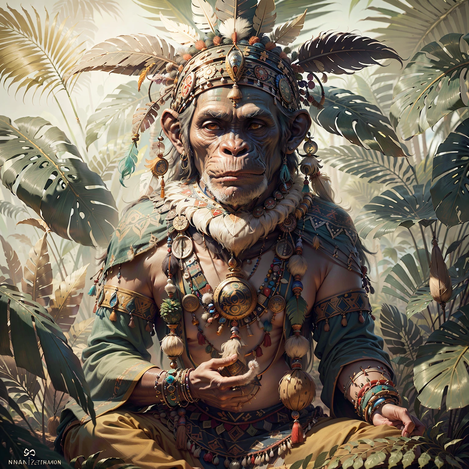 Chimpanzee ((Indian Shaman)),,((meditative state),,Shaman, elegant chimpanzee, hair with details, with Indian headdress on head, ((meditating)) many colorful feathers, colorful feathers, facing the camera, detail: dense tropical foliage, highly detailed intricate, ((masterpiece)), ultra hyperrealistic, masterpiece