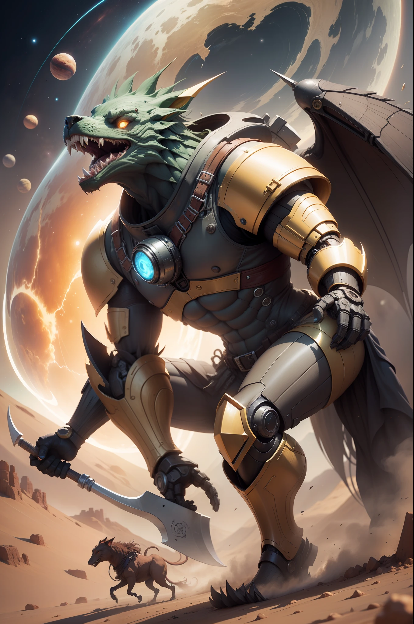 1 Man, Extra terrestrial, technological, holding a giant and magical axe, barbaric features, animalistic, dynamic poses, mouth with vampire teeth, golden colored eye (ultra details), ultra detailed face, full body, intricate details, medium plane viewing angle, clothes with mechanical plates in gold and green color, robotic parts, desert landscape with sky showing various planets and stars,  volumetric lights, ultra realistic, 8k, intricate details