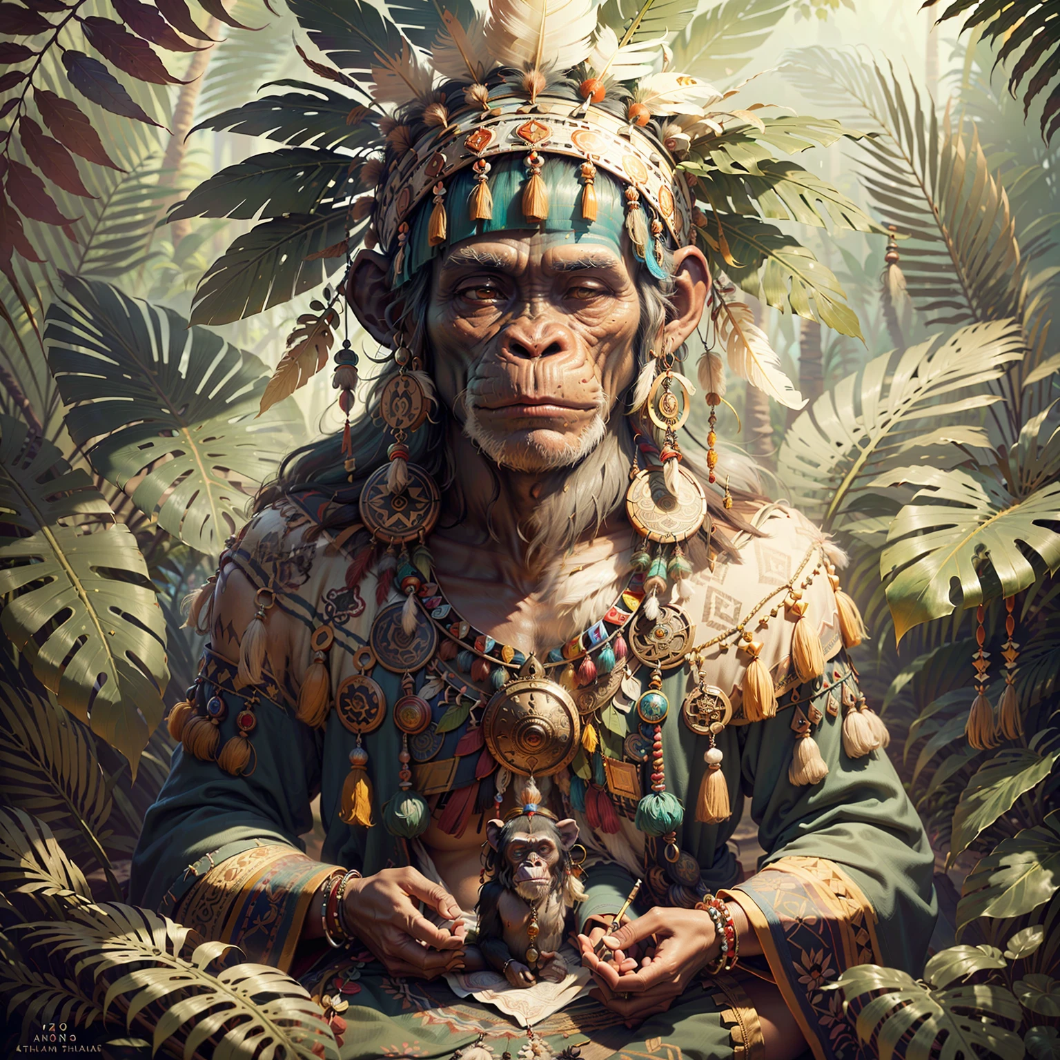 Chimpanzee ((Indian Shaman)),,((meditative state),,Shaman, elegant chimpanzee, hair with details, with Indian headdress on head, ((meditating)) many colorful feathers, colorful feathers, facing the camera, detail: dense tropical foliage, highly detailed intricate, ((masterpiece)), ultra hyperrealistic, masterpiece