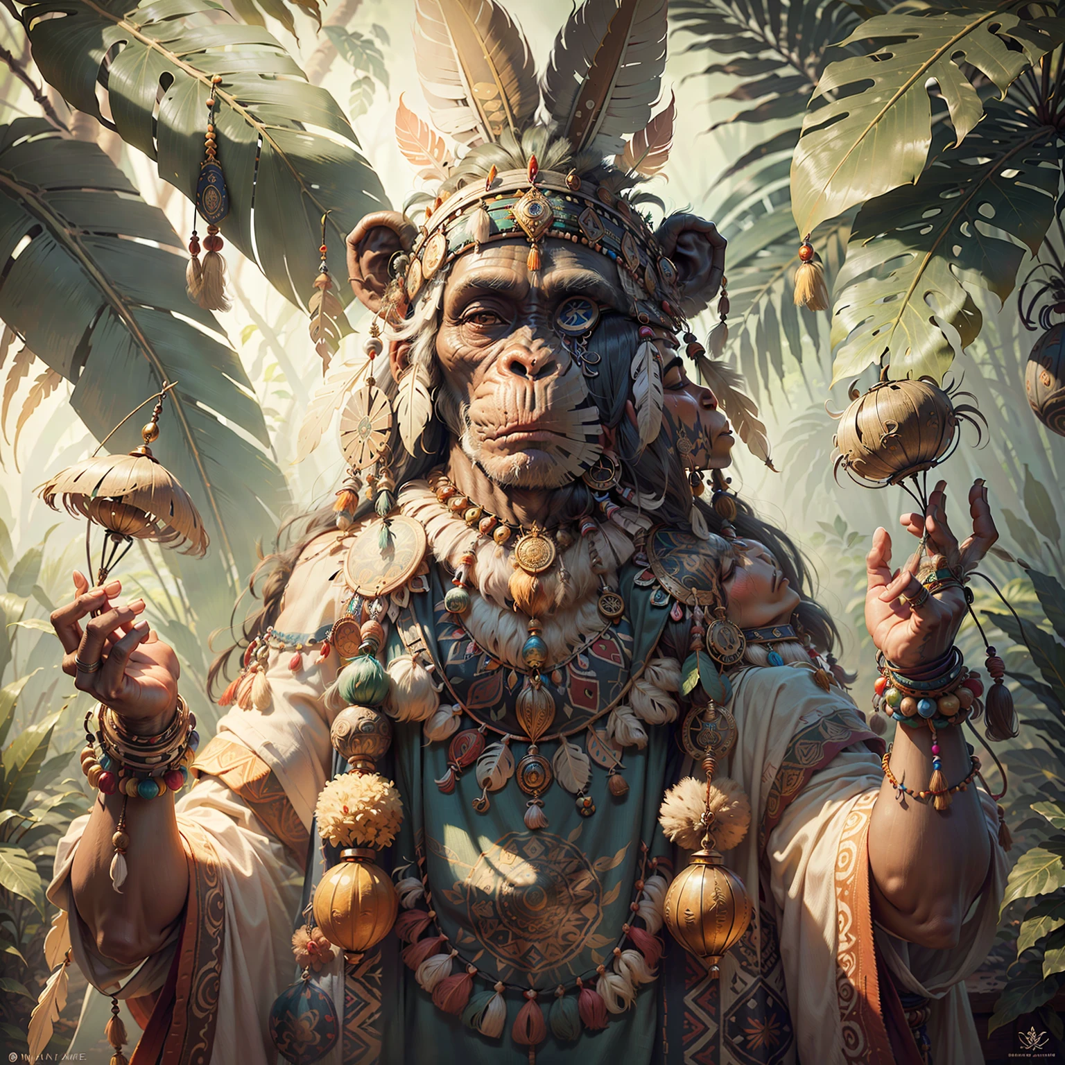 Chimpanzee ((Indian Shaman)),,((meditative state),,Shaman, elegant chimpanzee, hair with details, with Indian headdress on head, ((meditating)) many colorful feathers, colorful feathers, facing the camera, detail: dense tropical foliage, highly detailed intricate, ((masterpiece)), ultra hyperrealistic, masterpiece