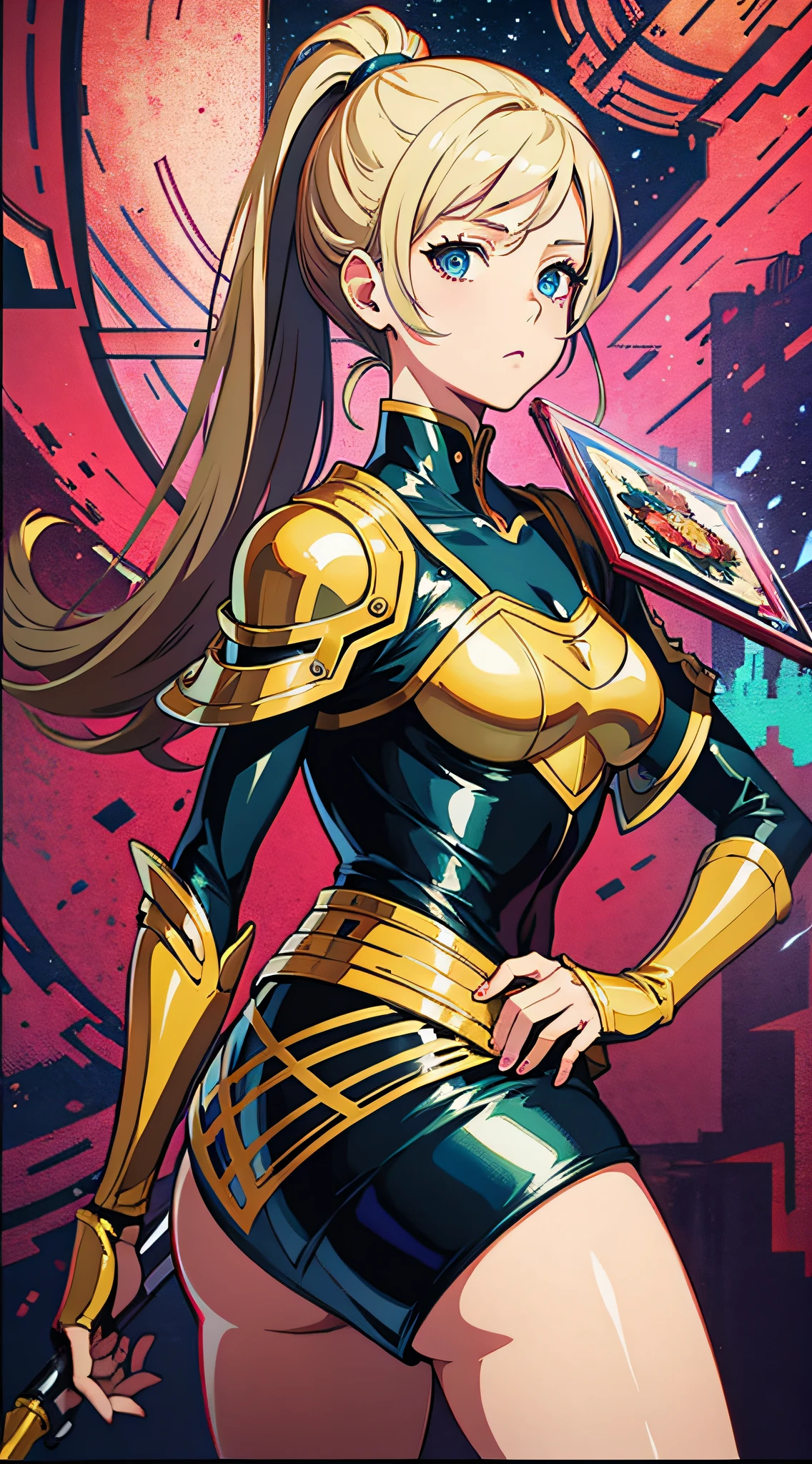 , (anime screencap,vivid cymk color :1) of ( Celluloid:1)
 by (nvinkpunk:0.3),(kuvshinov:0.3),(dreamlikeart:0.3),(samdoesart:0.3),(modelshoot style:0.3),
by Hiroya Oku Naoki Urasawa
,1girl,, japanese , a brown female  1gril,[nicole kidman:rachael leigh cook:0.3] ,(Holding an Object:1.1), ,ash blonde,Ponytail, Slatted armour 
,fantasy art by  studio ghibli,Shinkai Makoto ArtstationHQ, painting with Vivid color of field, High contrast!,
best quality,masterpiece,highly detailed,ultra-detailed,
