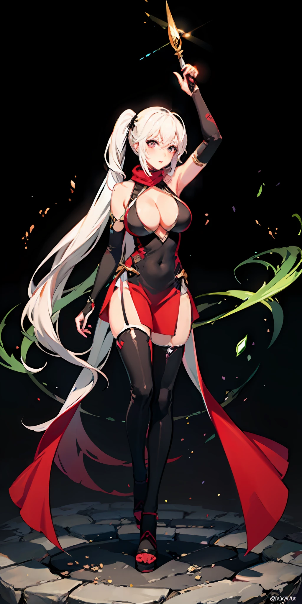 Full body, 1girl, white hair, high ponytail, purple eyes, (ninja), short sword, big breasts, scarf, wallpaper, magic array background, light particles, green fire, tall figure, slender legs, fair skin, blush, longing