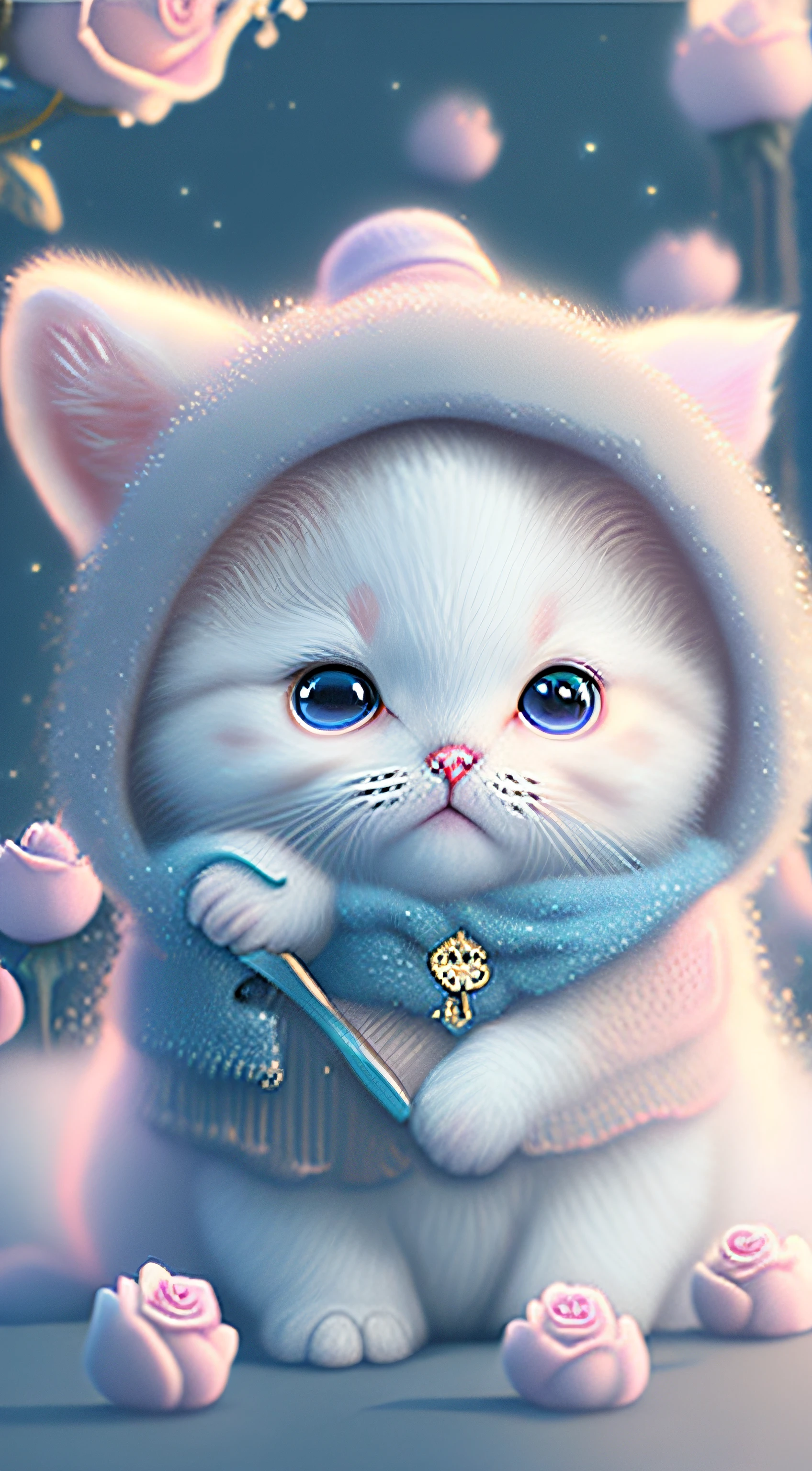 In this ultra-detailed CG art, cute kittens surrounded by ethereal roses, laughter, best quality, high resolution, intricate details, fantasy, cute animals, purple, funny, open mouth!! Laugh!!!