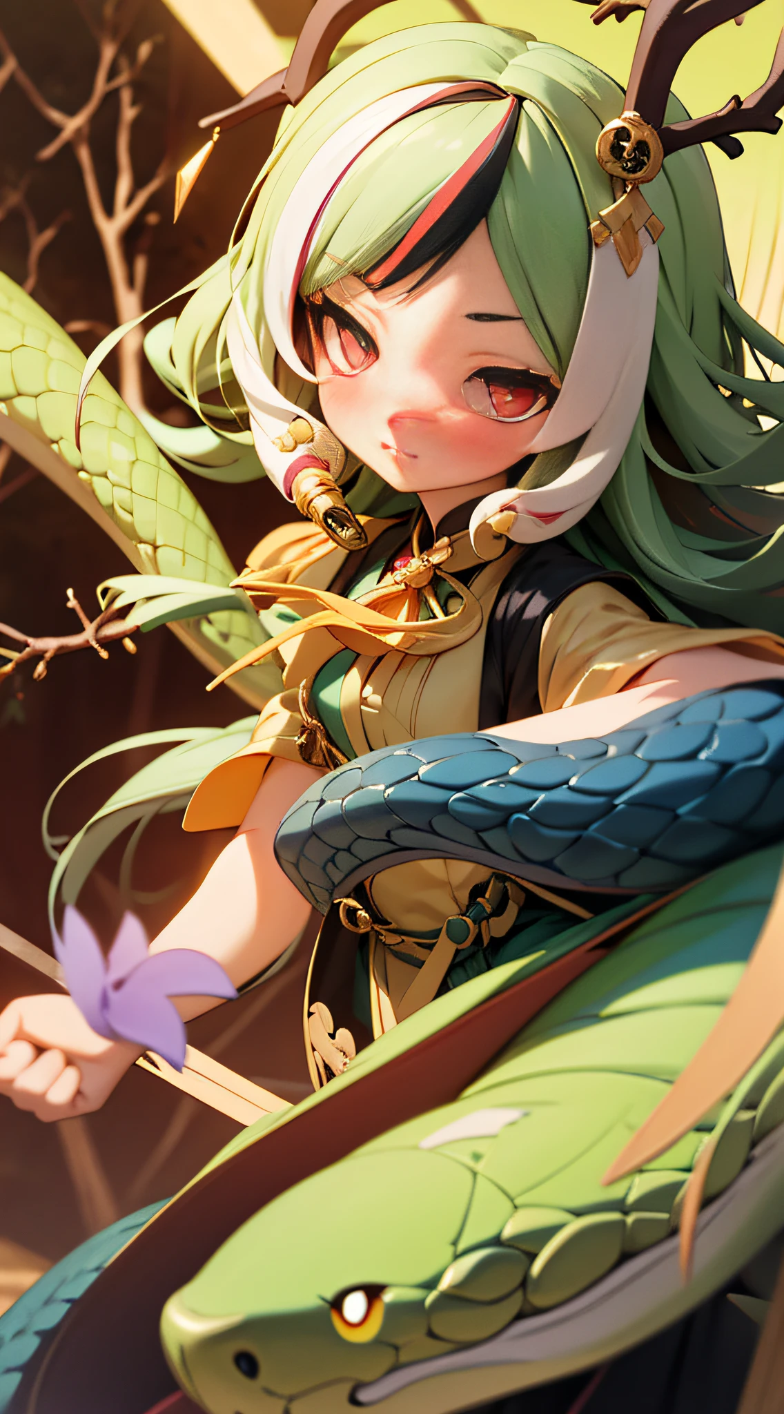 streaked hair, whistle around neck, jeweled branch of hourai, snake hair ornament, slit pupils, wince, full blush, Surrealism, cinematic lighting, speed lines, UHD, retina, masterpiece