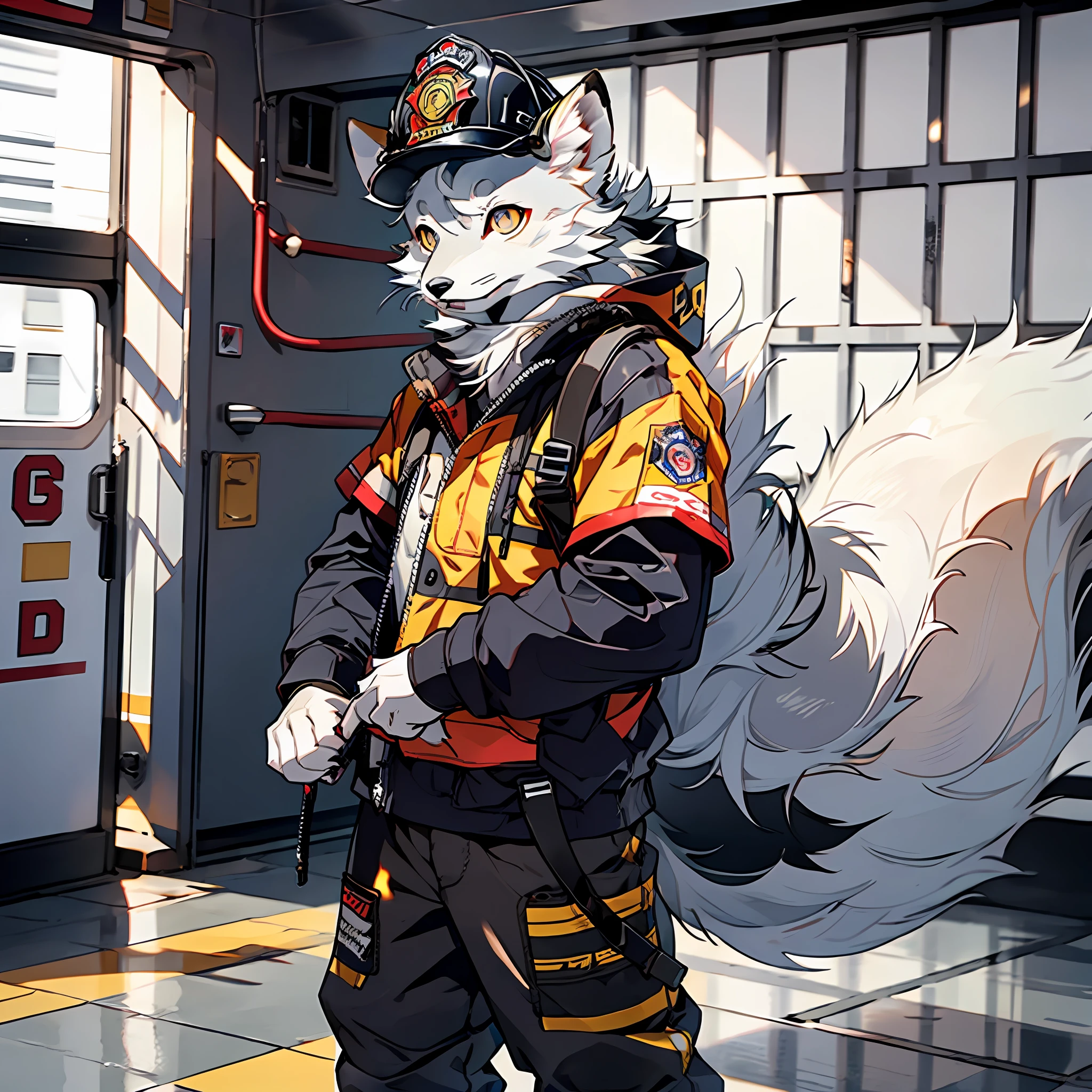 high detail, hyper quality, high resolution, 1080P, solo, furry, (male arctic fox: 1.5), (gray fur: 1.3), gray skin, gray ears, golden eyes, sharp claws, (fluffy tail: 1.2), wearing a firefighter attire, wearing a firefighter top, wearing firefighter pants, wearing firefighter boots and a firefighter helmet, standing in front of the fire station