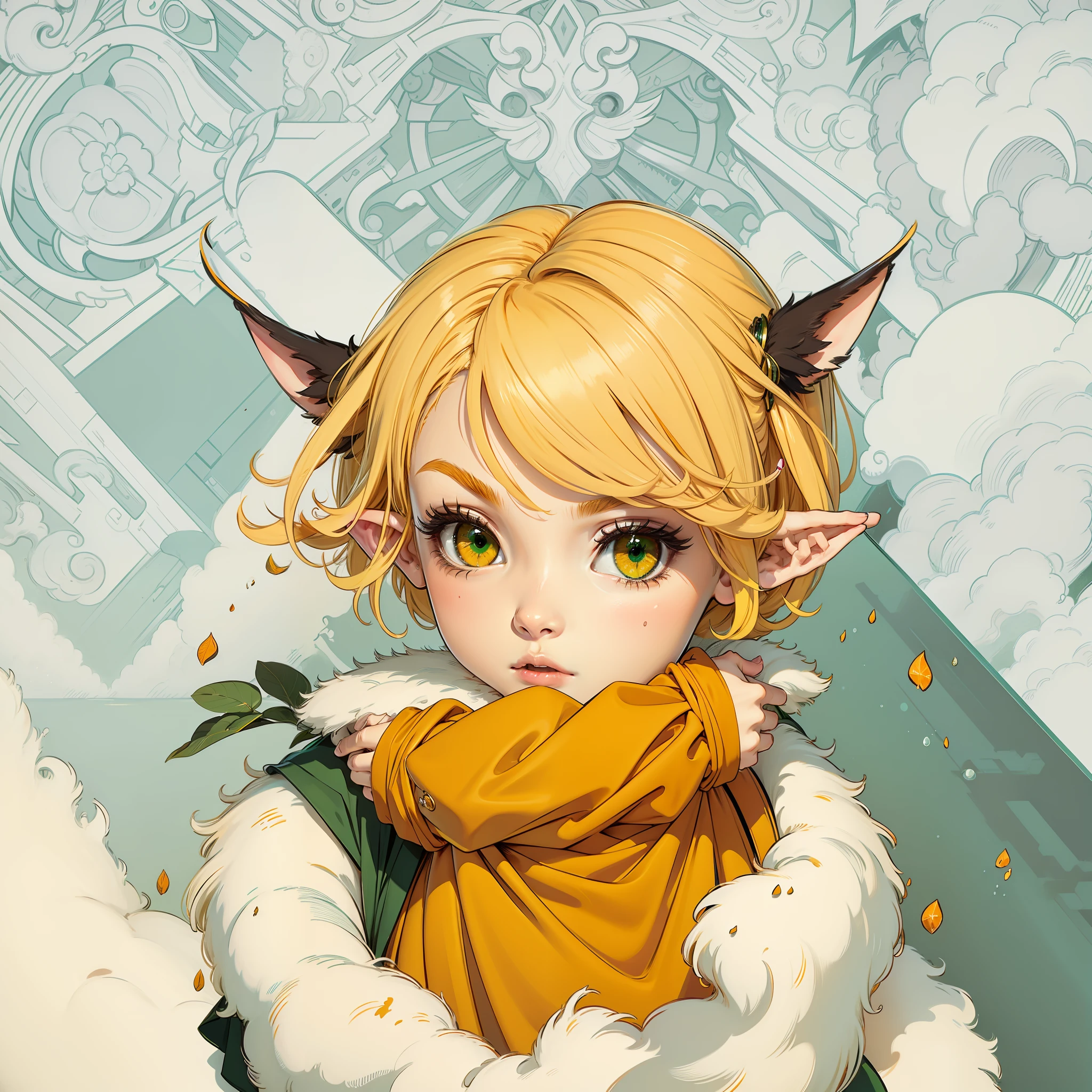 Long yellow hair, green eyes, elves, orange clothes