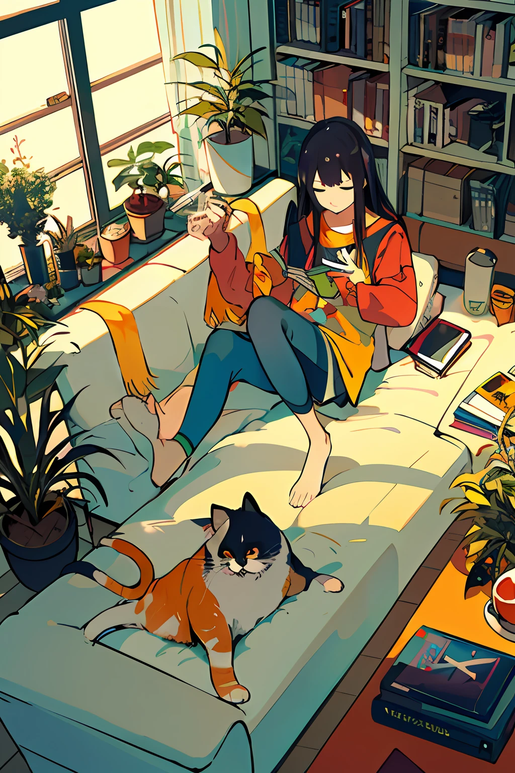 Couple of sexes, listen to music together, from above, plants, black hair, cat, lying down, indoors, holding, long sleeve, long hair, stuffed animal, potted plant, book, food, window, phone, loaded interior, television, short hair, on the back, plush animal, bangs, slippers, barefoot, sitting, bookcase, shelf, cable, computer