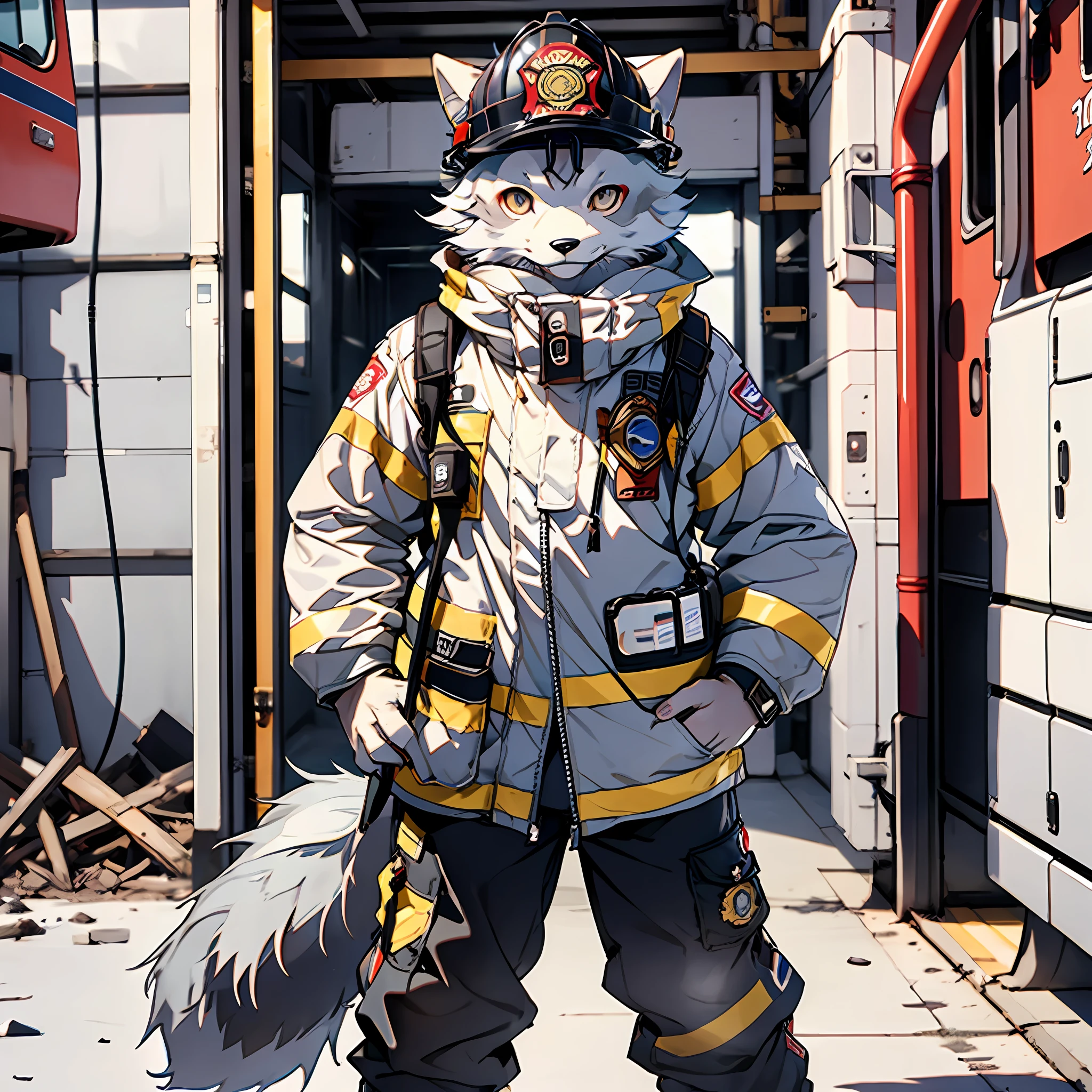 high detail, hyper quality, high resolution, 1080P, solo, furry, (male arctic fox: 1.5), (gray fur: 1.3), gray skin, gray ears, golden eyes, sharp claws, (fluffy tail: 1.2), wearing a firefighter attire, wearing a firefighter top, wearing firefighter pants, wearing firefighter boots and a firefighter helmet, standing in front of the fire station