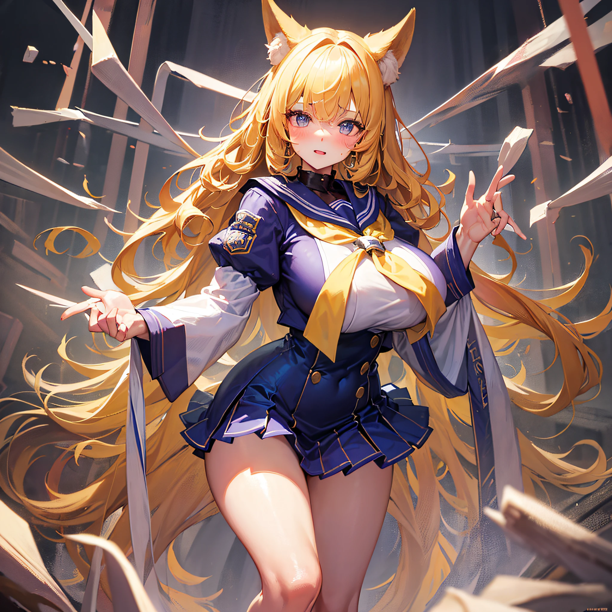 Absolutely beautiful fox girl, perfect slim body, mature royal sister face, yellow hair, large curly hair, sailor suit, sexy and seductive, beautiful face, full body portrait, standing pose, 4K picture quality, big body, feminine expression, blush shyness, deep eyes, huge breasts, short skirt, battle magic. The bust is huge