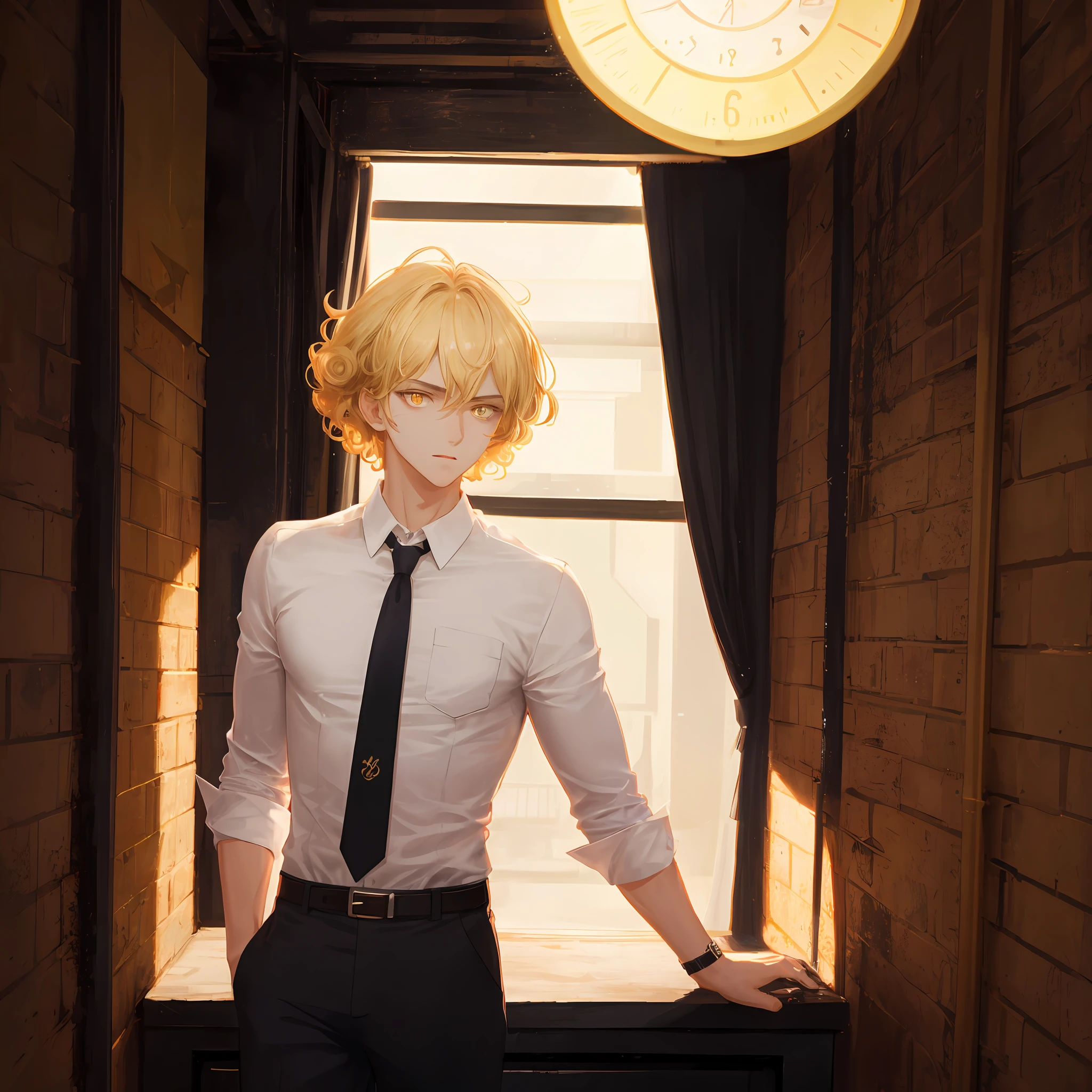 Master works, best image quality, higher quality, (high detail), super high resolution, 8k resolution, teenager, single, student, arrogant, short hair, blonde, curly hair, white shirt, yellow eyes, golden pupils, upper body, handsome, handsome, standing