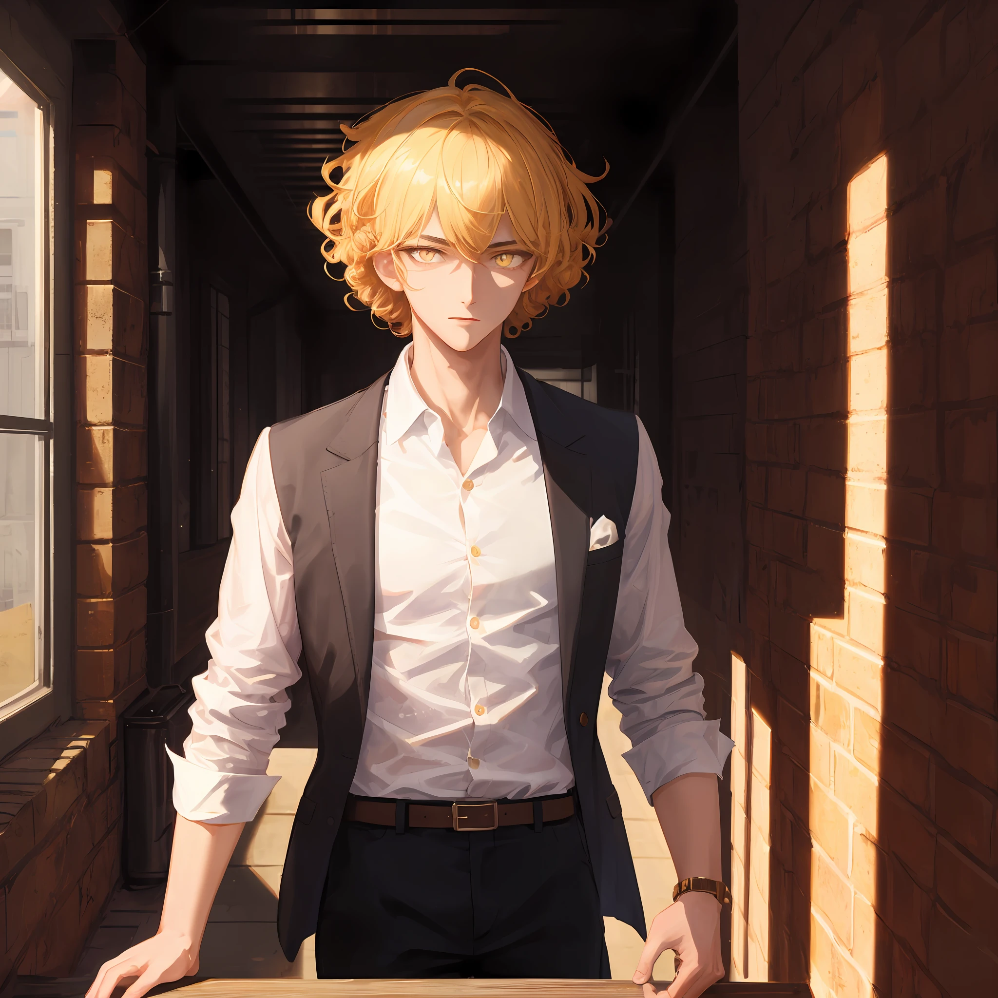 Master works, best image quality, higher quality, (high detail), super high resolution, 8k resolution, teenager, single, student, arrogant, short hair, blonde, curly hair, white shirt, yellow eyes, golden pupils, upper body, handsome, handsome, standing