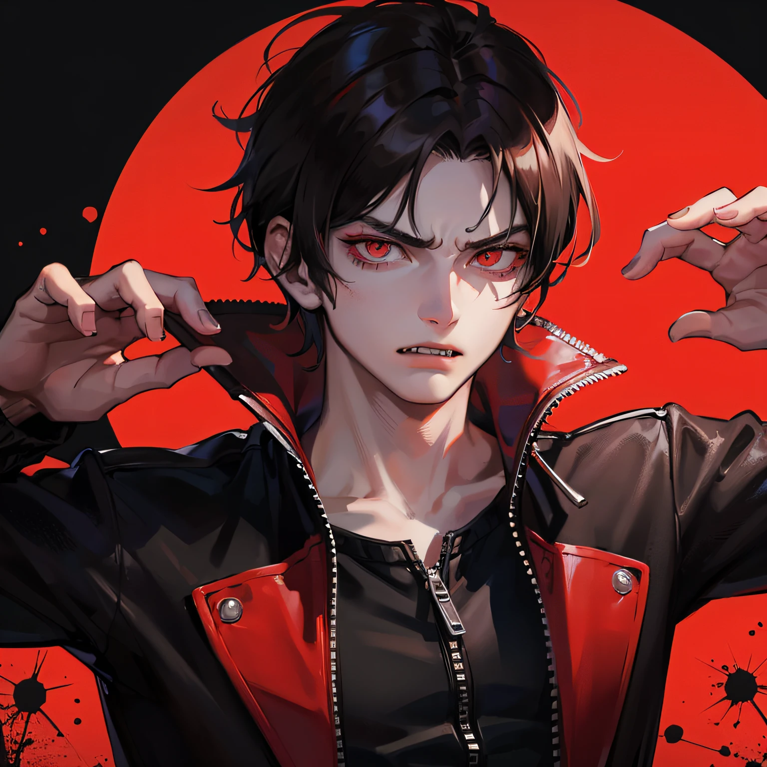 Zombie, scarlet eyes, fangs, male, serious face, short black hair