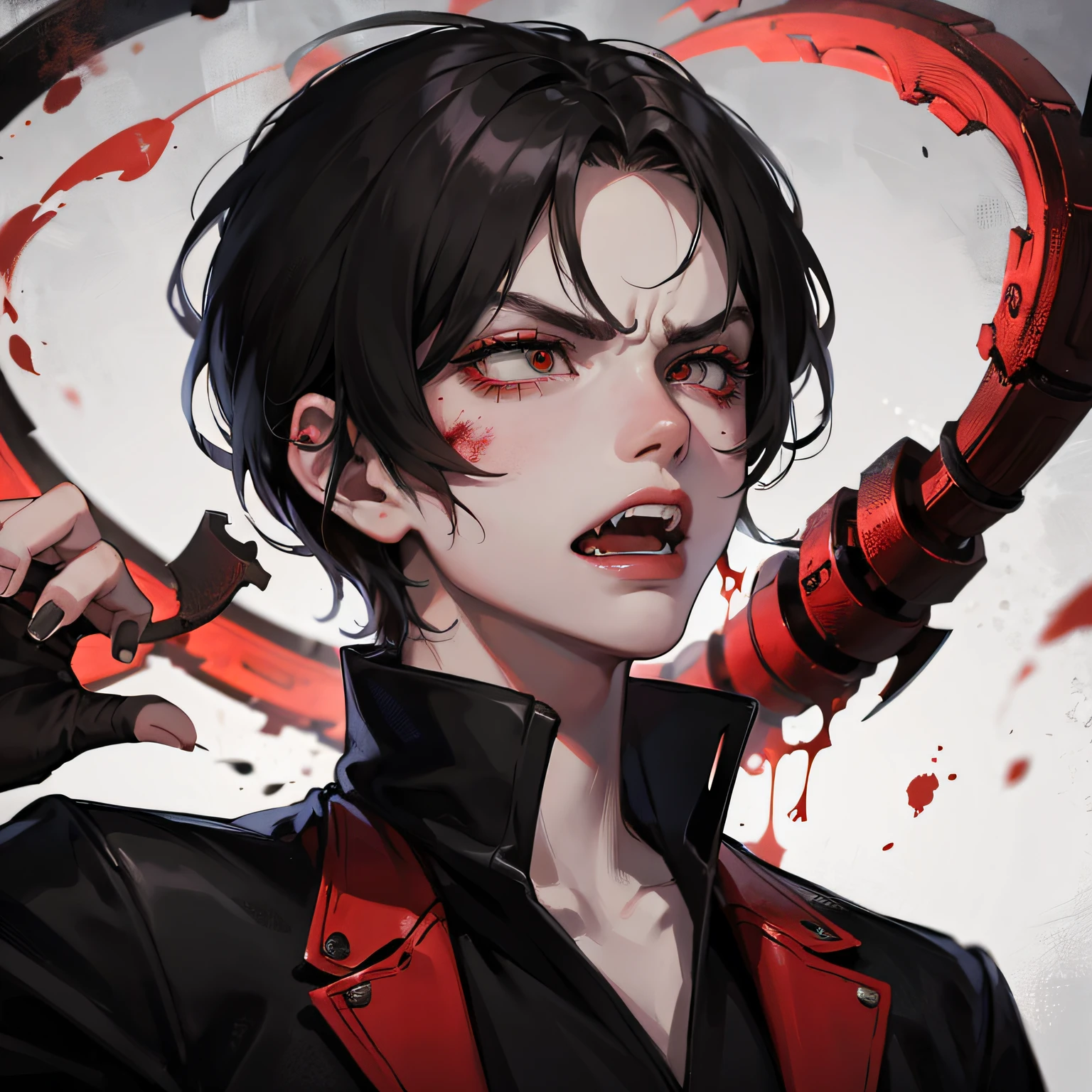 Zombie, scarlet eyes, fangs, male, serious face, short black hair