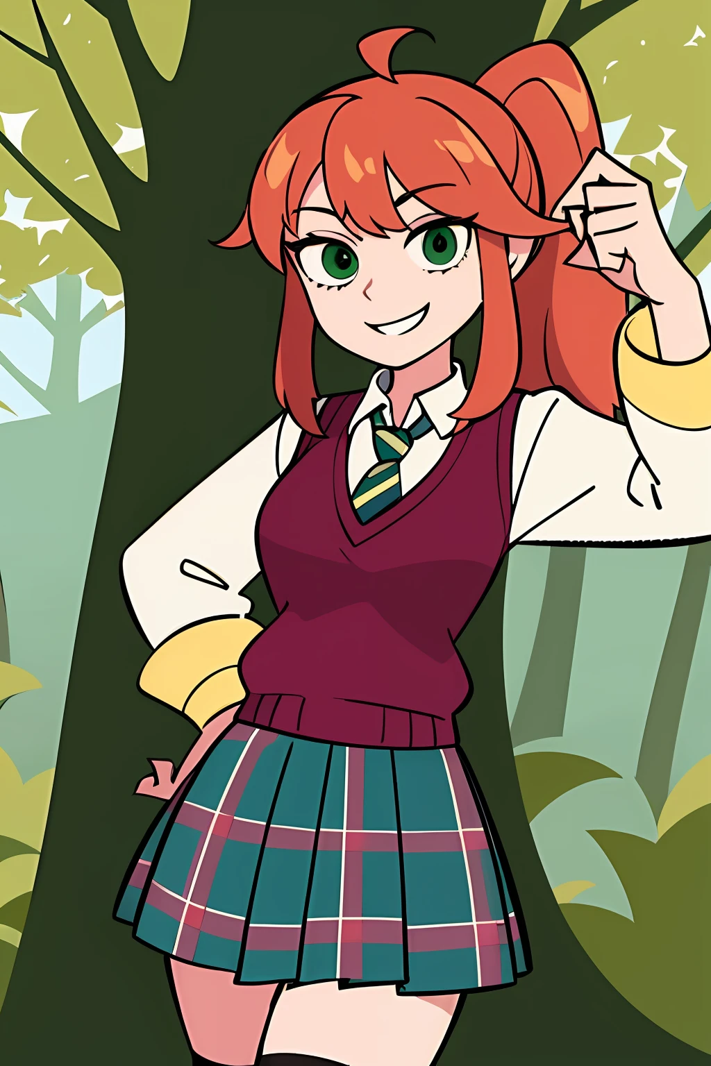 light smile, Schoolgirl attire, white blouse with yellow sweater vest, green striped tie, red plaid skirt and black boots with white buckles, forest green eyes and ashy hair in a twin ponytail