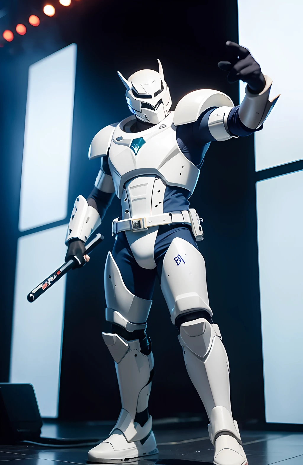 M1cky wearing a white armor, blue light