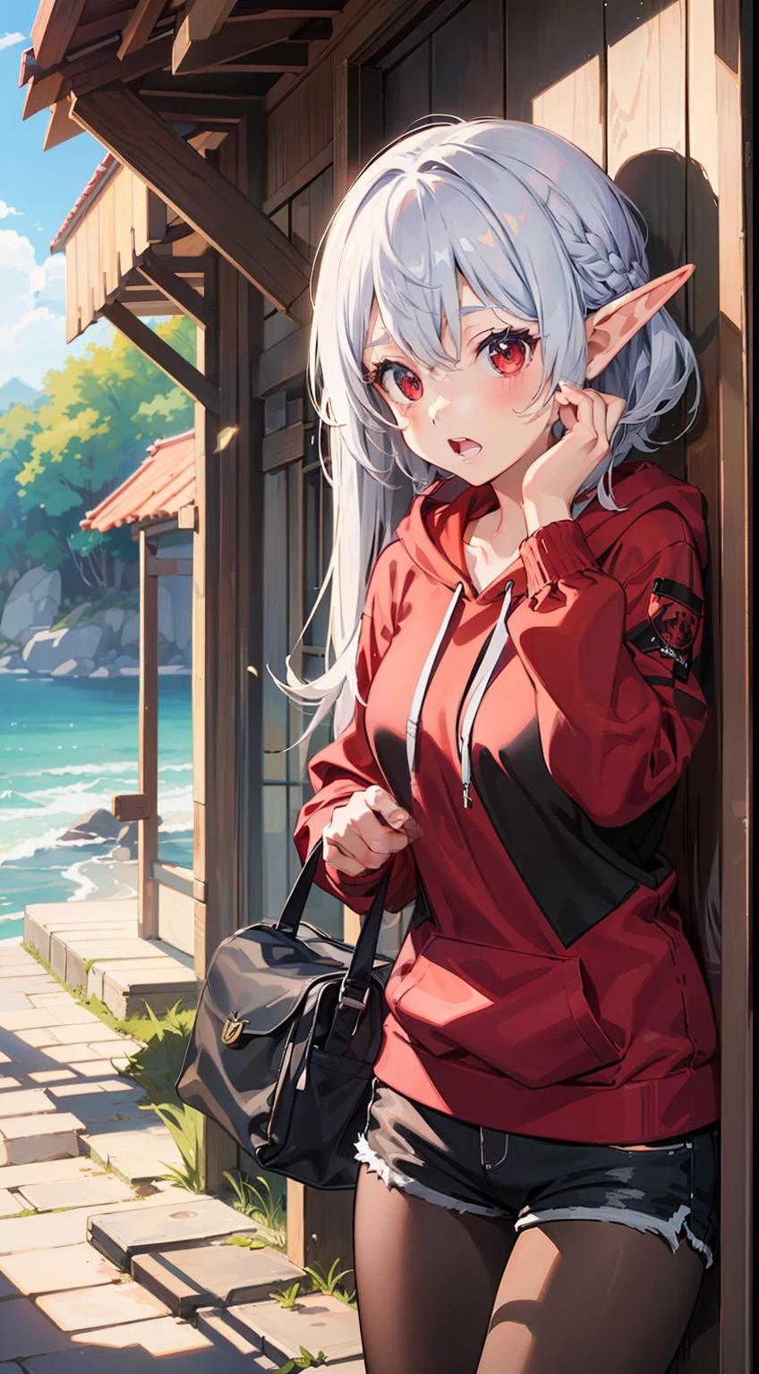 ((Put your hands on your face)), (surprised)), (Red face), 1 girl closeup, Elf, Silver hair, Red eyes, Hoodie, Shorts, Tights, Sea, TS, Concept art, Beautiful anime scene, Beautiful anime scenery, Best quality, Masterpiece, 4K