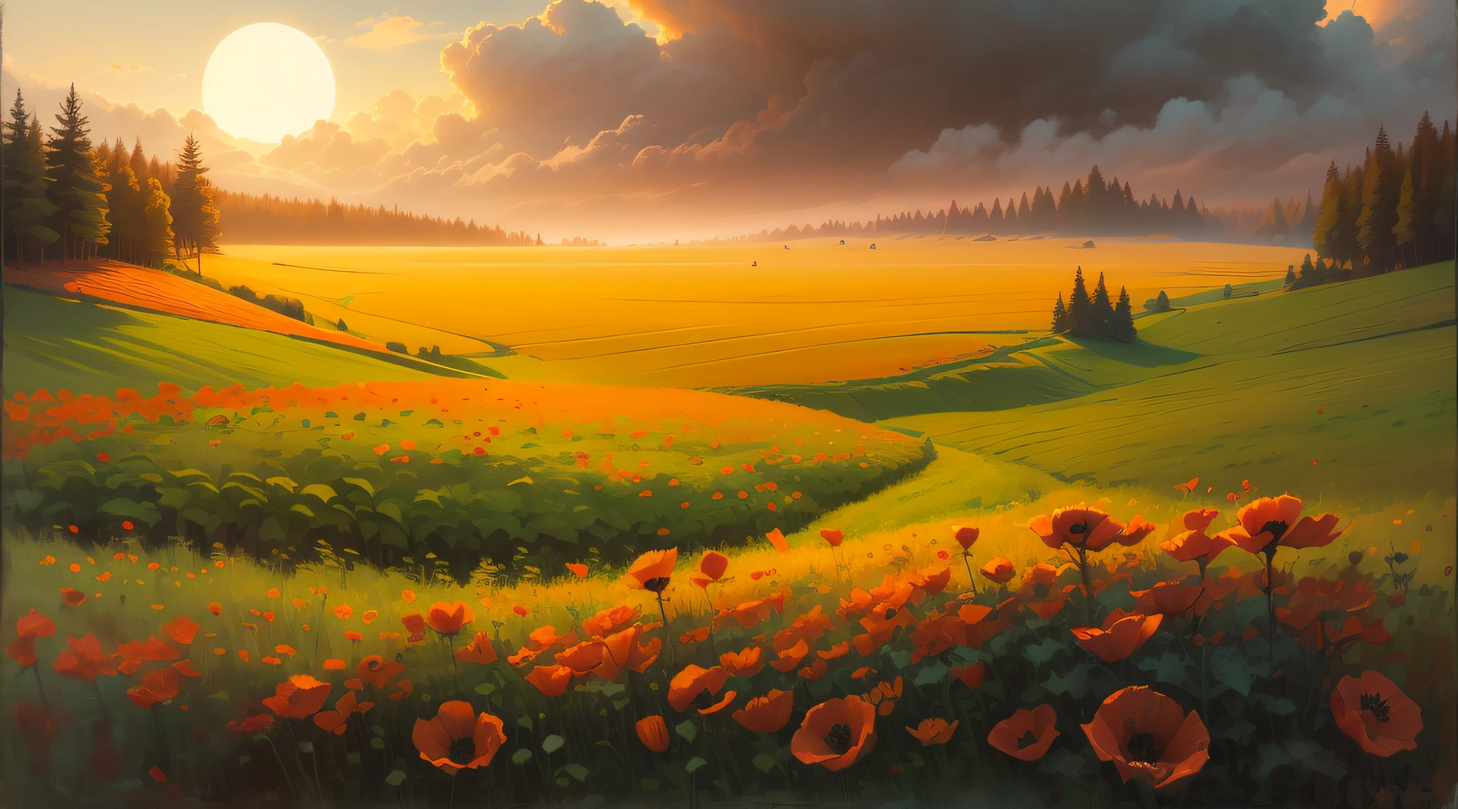 poppy field, overcast sky, forest on the horizon, white sun --auto