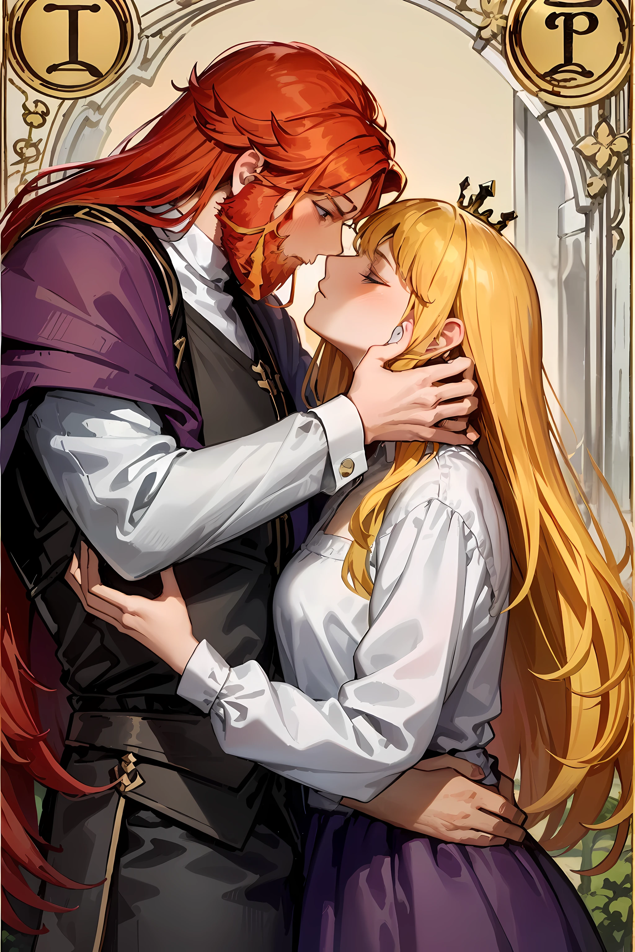 masterpiece, couple, lovers, tenderness, kiss, beautiful woman, long hair, blonde hair, purple dress, princess, handsome man, red hair, red beard, muscular, white shirt, protector, artisan, beautiful background, secret concept tarot card history card mystery, tarot card, best quality