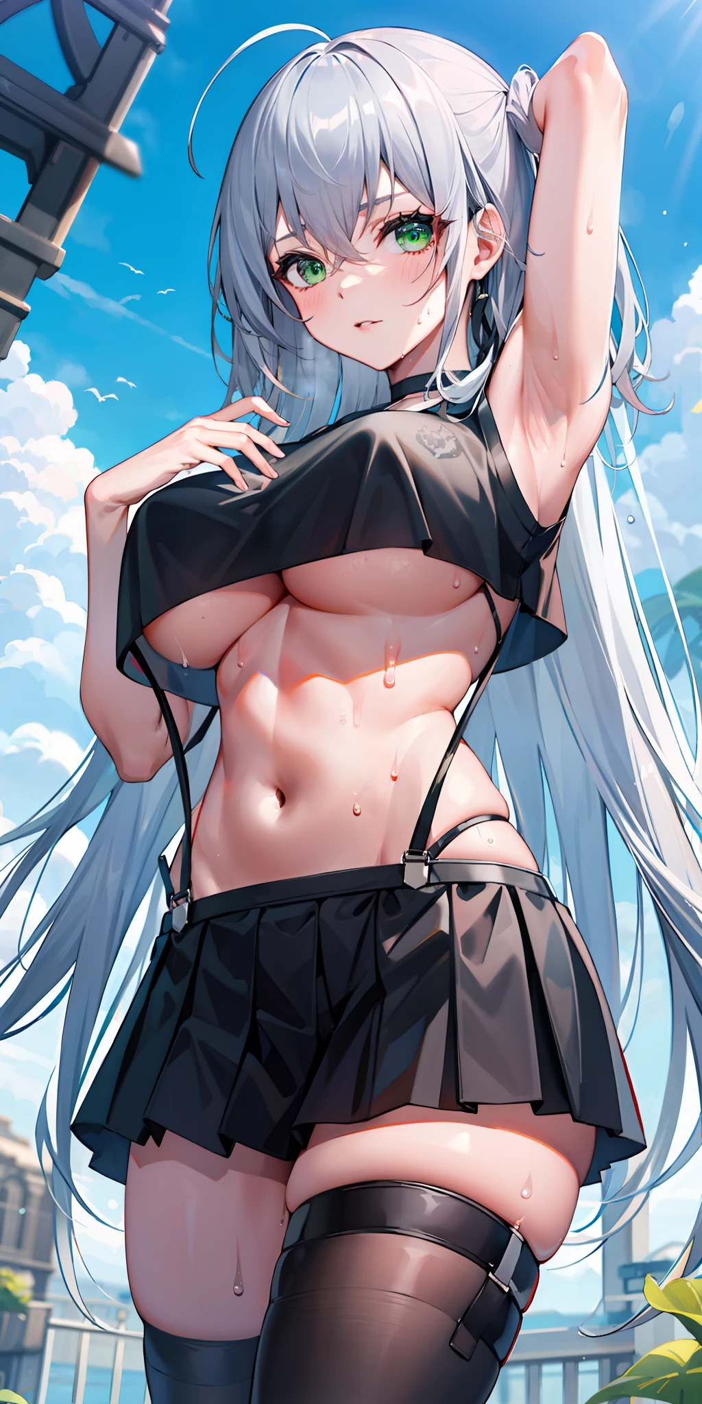 masterpiece, best quality, long hair, silver hair, outdoors, crop top, underboob, sweat, suspenders, miniskirt, green eyes,