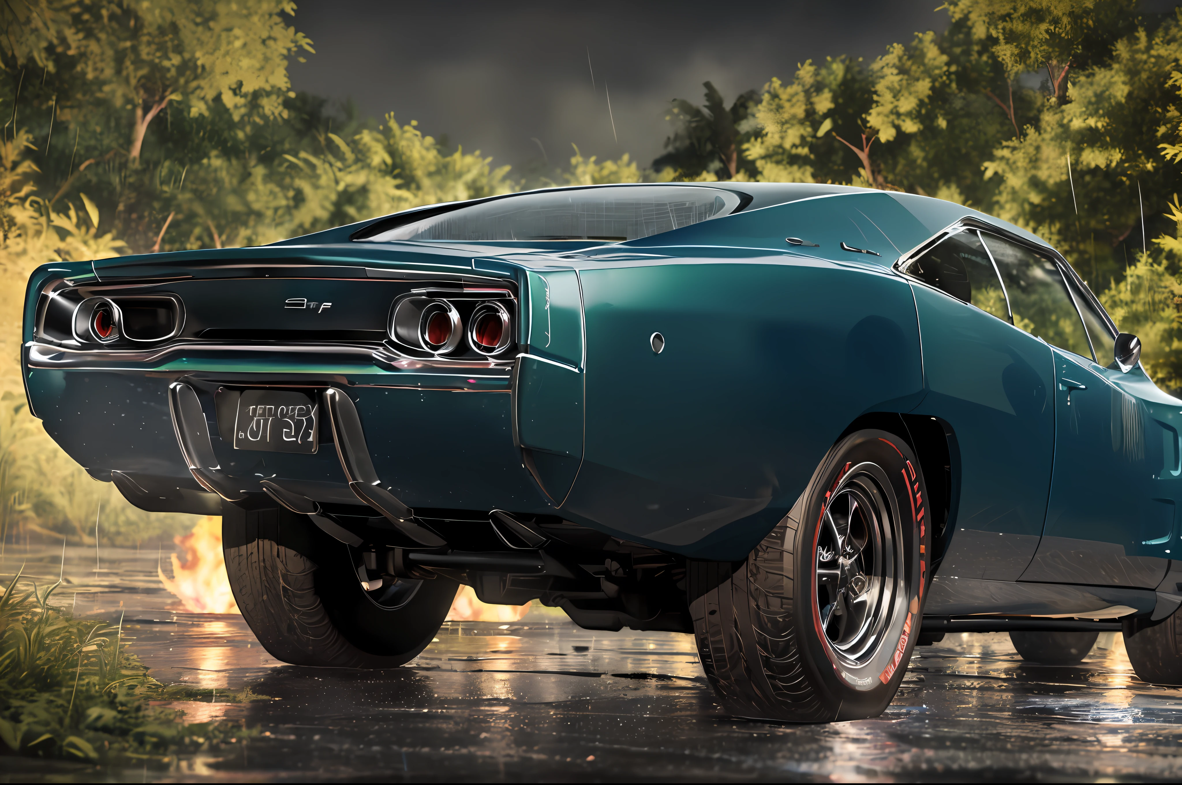 Somber photo of a 1968 Dodge Charger car Candy pink, eye-catching, wide Daytona tires, green wheels, fire in exhaust, drifting through the jungle (at night), ((heavy rain)), panthers and leopards walking, ((night)), high detail, sharp focus, (photorealism), realistic, best quality, 8K, award-winning, dramatic lighting, epic, cinematic, masterpiece, tire light, ambient fog: 1.2, summer, heat distortion, black birds,