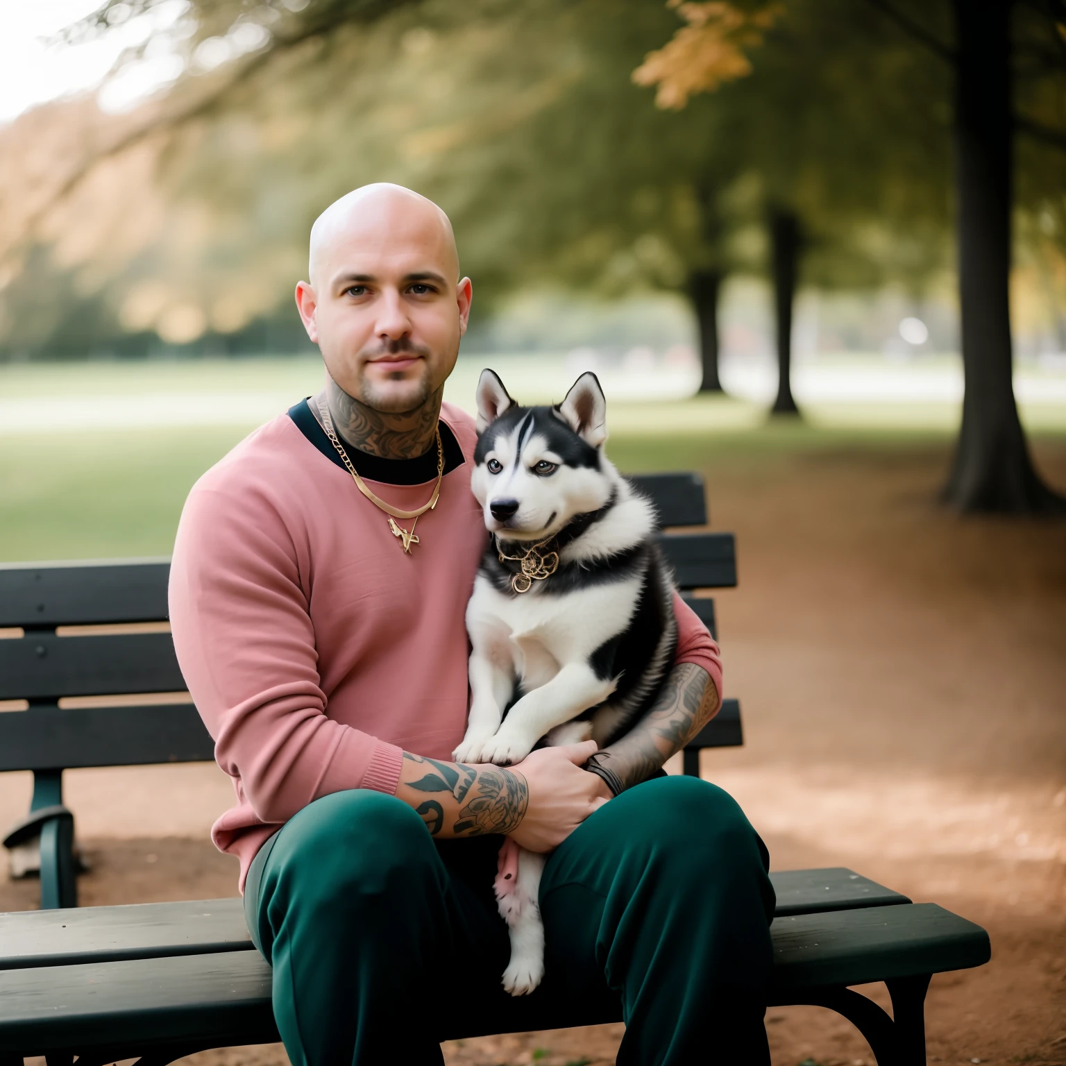 RAW photos, ridiculous, high quality, realistic,
A complete portrait of a European man with a bald head, wearing a gold necklace, fierce eyes, tattoos, sweater, pants, sitting, holding a (husky puppy) in his arms,
outdoor, park, bench, sunlight, 8K UHD, DSLR, film grain, detail, clear focus