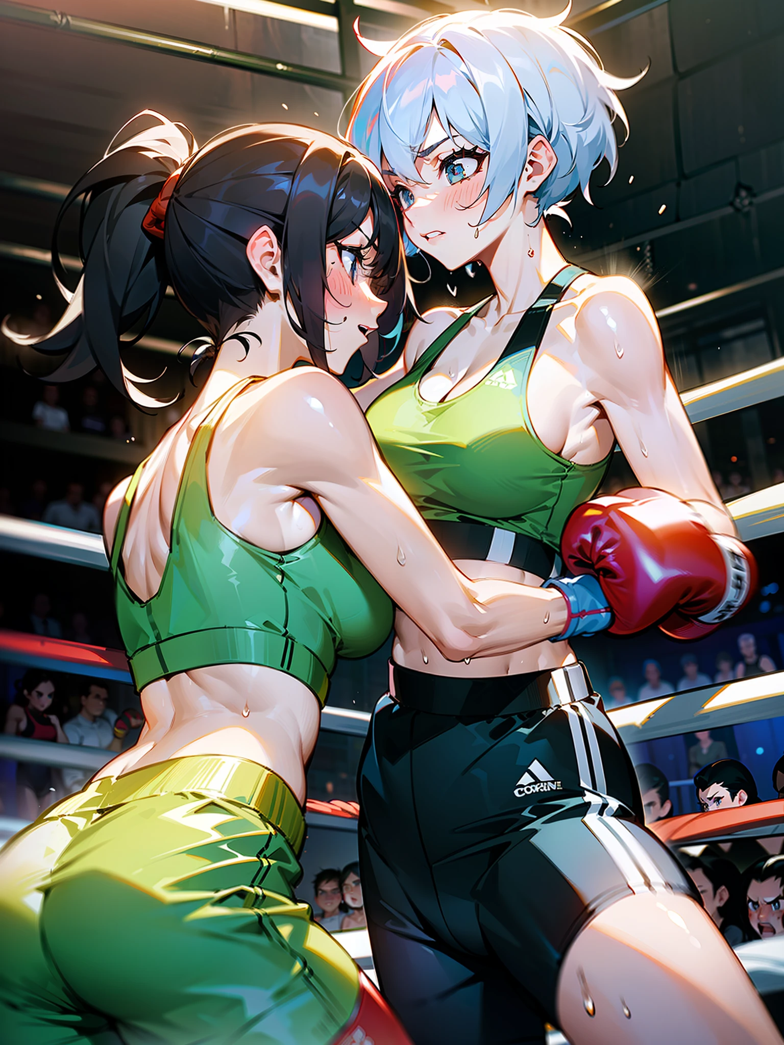 Two female boxers, one female boxer is punching, the other female boxer is being pounded properly, one-sided development, female boxing match, bang, punch hits, (((two women)), sports bra, leggings, boxing gloves, fist strike, rope, cornered, boxing ring rope, sweat all over body, visible damage, The two are facing each other, no third person