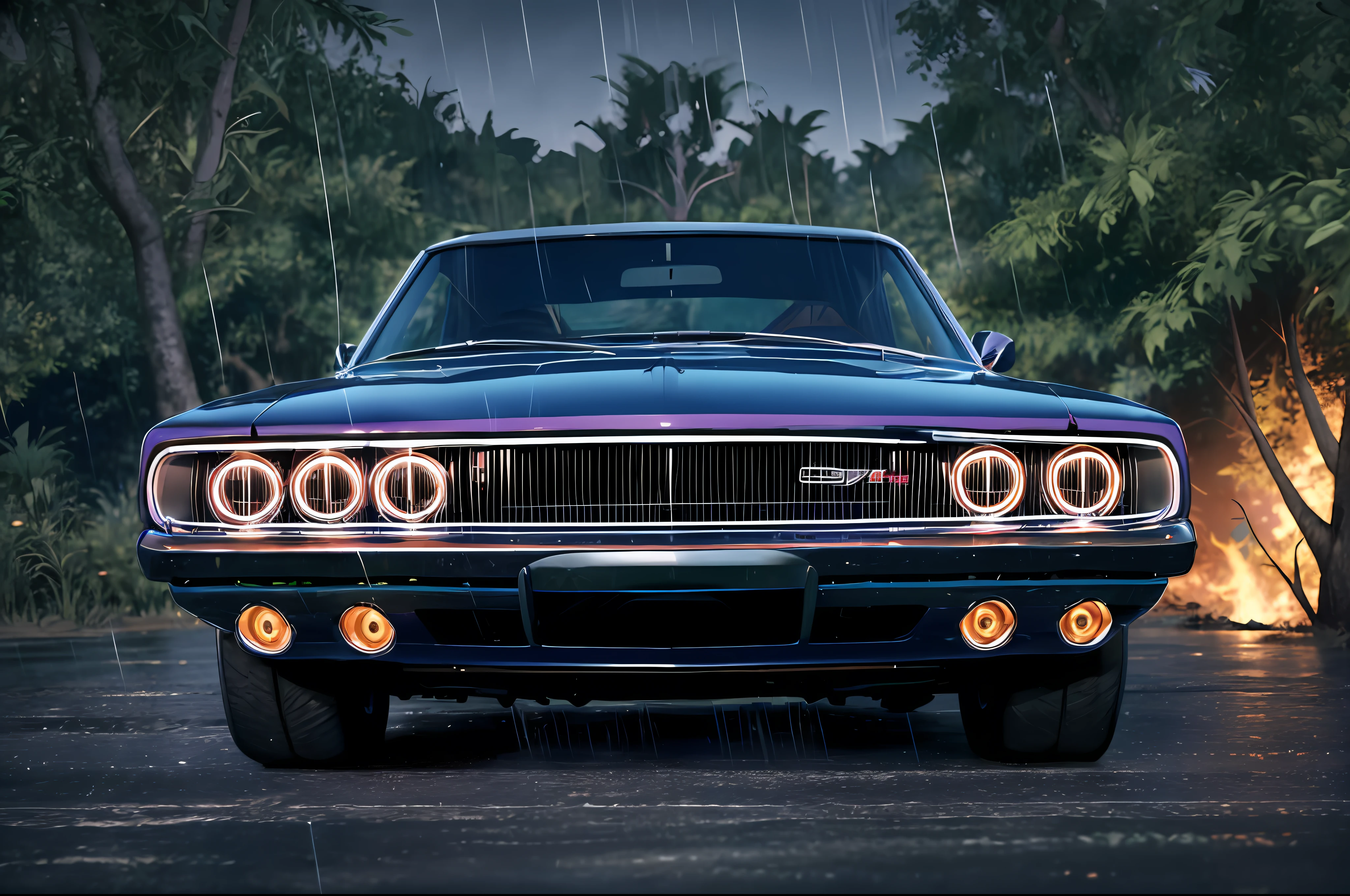 Somber photo of a car Dodge Charger 1968 Pink phosphorescent candy effect, eye-catching, wide daytona lantas, green wheels, fire in exhaust, driving through the jungle (at night), ((heavy rain)), panthers and leopards walking, ((night)), high detail, sharp focus, (photorealism), realistic, best quality, 8k, award-winning, dramatic lighting, epic, cinematic, masterpiece, tire light,  environmental fog: 1.2, summer, heat distortion, black birds,