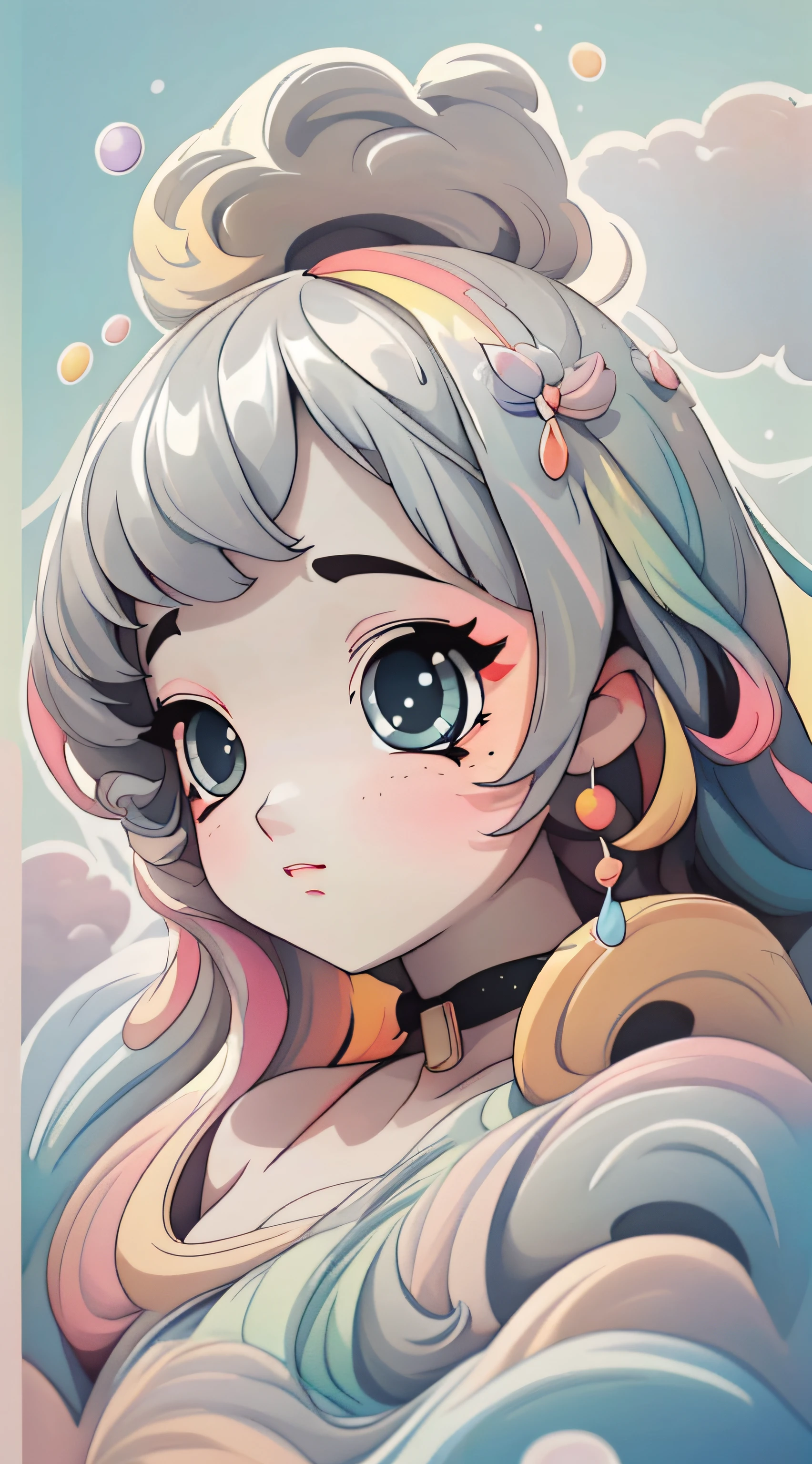 (((Masterpiece))), ((Best Quality))), ((Ultra Detailed)), (Illustration), (Dynamic Angle), ((Floating)), ((Unkempt Hair)), ((Beautiful Delicate Face)), Collar, Bare Shoulders, Gray Hair, ((Striped Hair)), Beautiful Delicate Eyes, (Gradient Eyes), (((Colored Eyes))), (Colored Background))), (High Saturation))), (((Surrounded by Colorful Splashs)))), (((( surrounded by colorful dot))), colorful bubble, ((shining)), clouds,