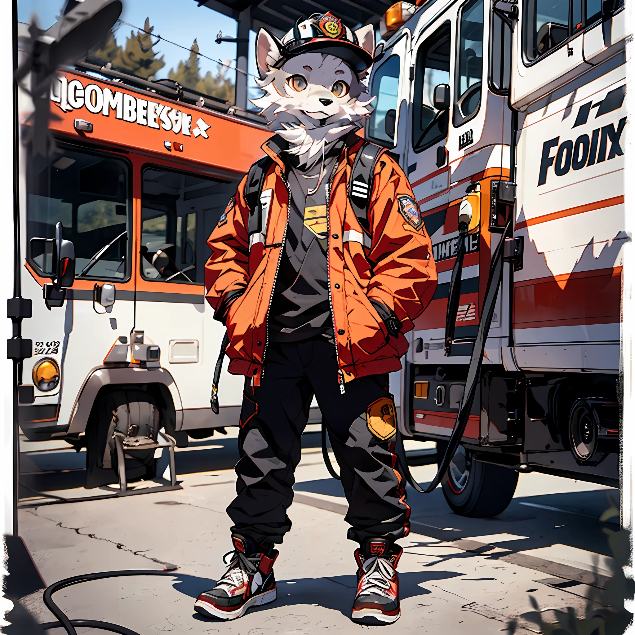 high detail, hyper quality, high resolution, 1080P, solo, furry, (male arctic fox: 1.5), (gray fur: 1.3), gray skin, gray ears, golden eyes, sharp claws, (fluffy tail: 1.2), wearing a firefighter attire, wearing a firefighter shirt, wearing firefighter pants, wearing firefighter boots, wearing a firefighter helmet, standing in front of a fire truck