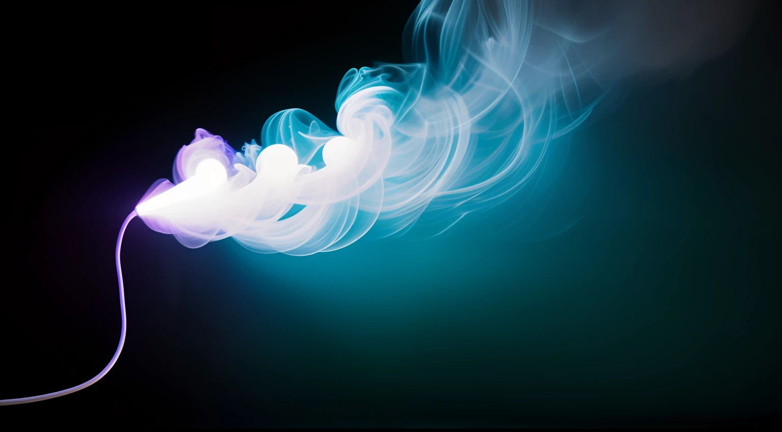 White, black, cyan neon light smoke on a black, background