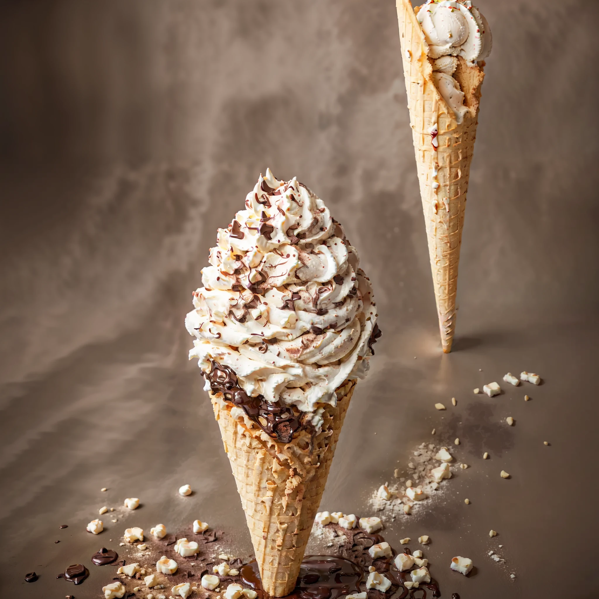 RAW photo, tall ice cream in ((cone)), vanilla, chocolate, foodphoto, dslr, soft lighting, high quality, film grain, Fujifilm XT