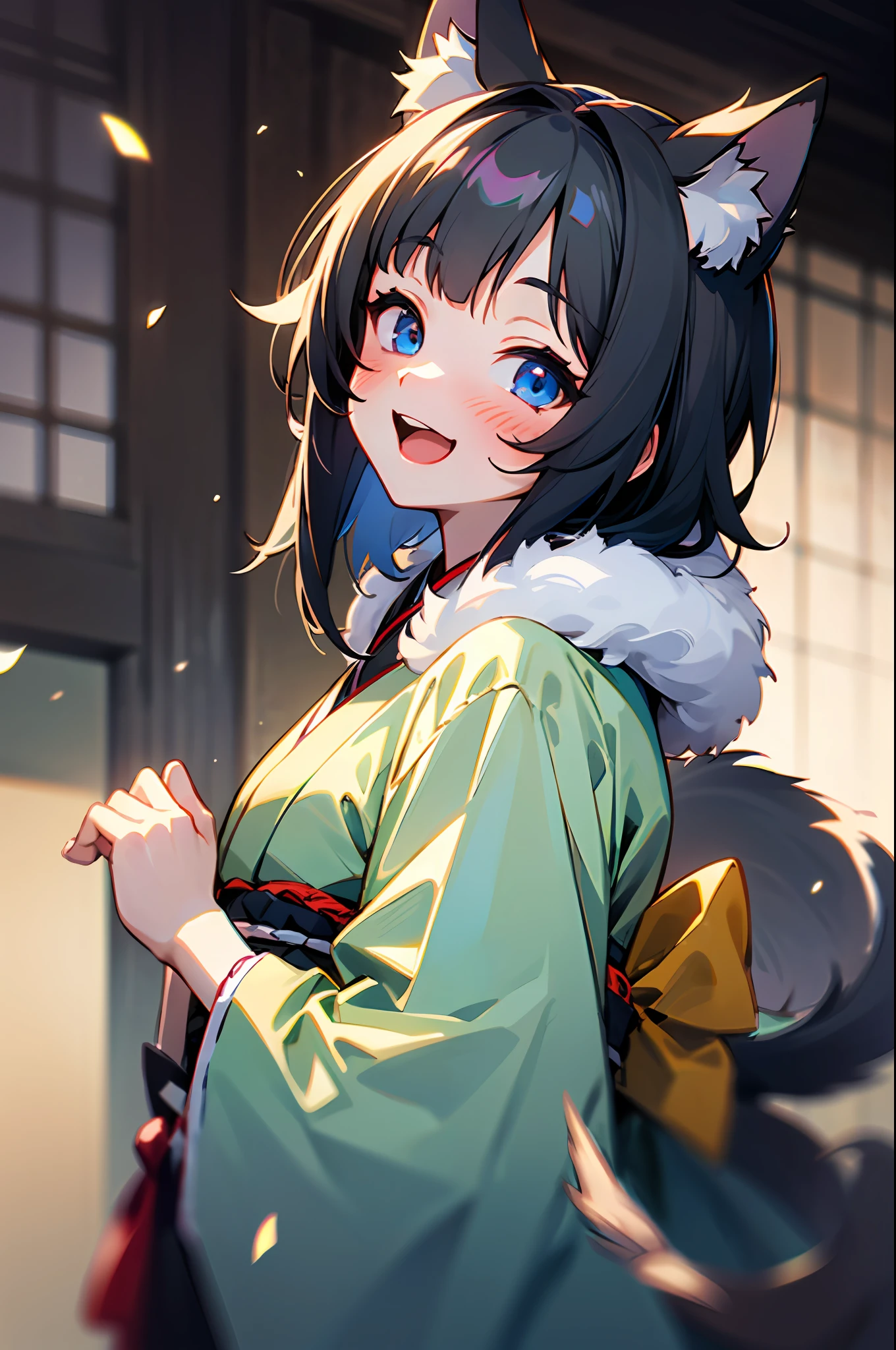 boy, depth of field, perfect lighting, light particles, (best quality), (masterpiece), (super detailed), sharp focus, light particles, niji, eyesgod, blush, looking_at_viewer, smile, solo, furry, animal_ear_fluff, open_clothes, arms back, upper body, tail, kimono, japanese clothing, sunlight, tree, open mouth, from below, arms back, gray-black hair, White ears, blue eyes