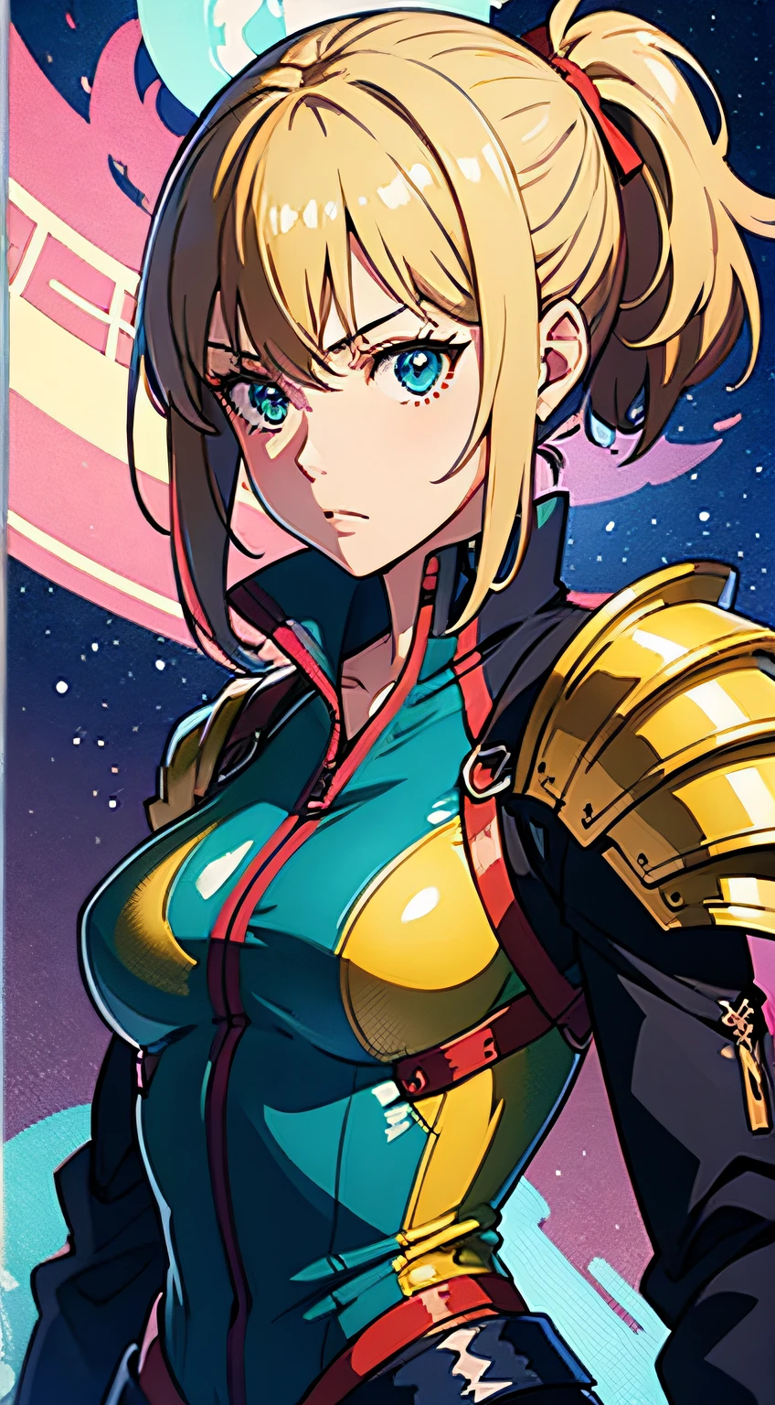 , (anime screencap,vivid cymk color :1) of ( Celluloid:1)
 by (nvinkpunk:0.3),(kuvshinov:0.3),(dreamlikeart:0.3),(samdoesart:0.3),(modelshoot style:0.3),
by Hiroya Oku Naoki Urasawa
,1girl,, japanese , a brown female  1gril,[nicole kidman:rachael leigh cook:0.3] ,(Holding an Object:1.1), ,ash blonde,Ponytail, Slatted armour 
,fantasy art by  studio ghibli,Shinkai Makoto ArtstationHQ, painting with Vivid color of field, High contrast!,
best quality,masterpiece,highly detailed,ultra-detailed,