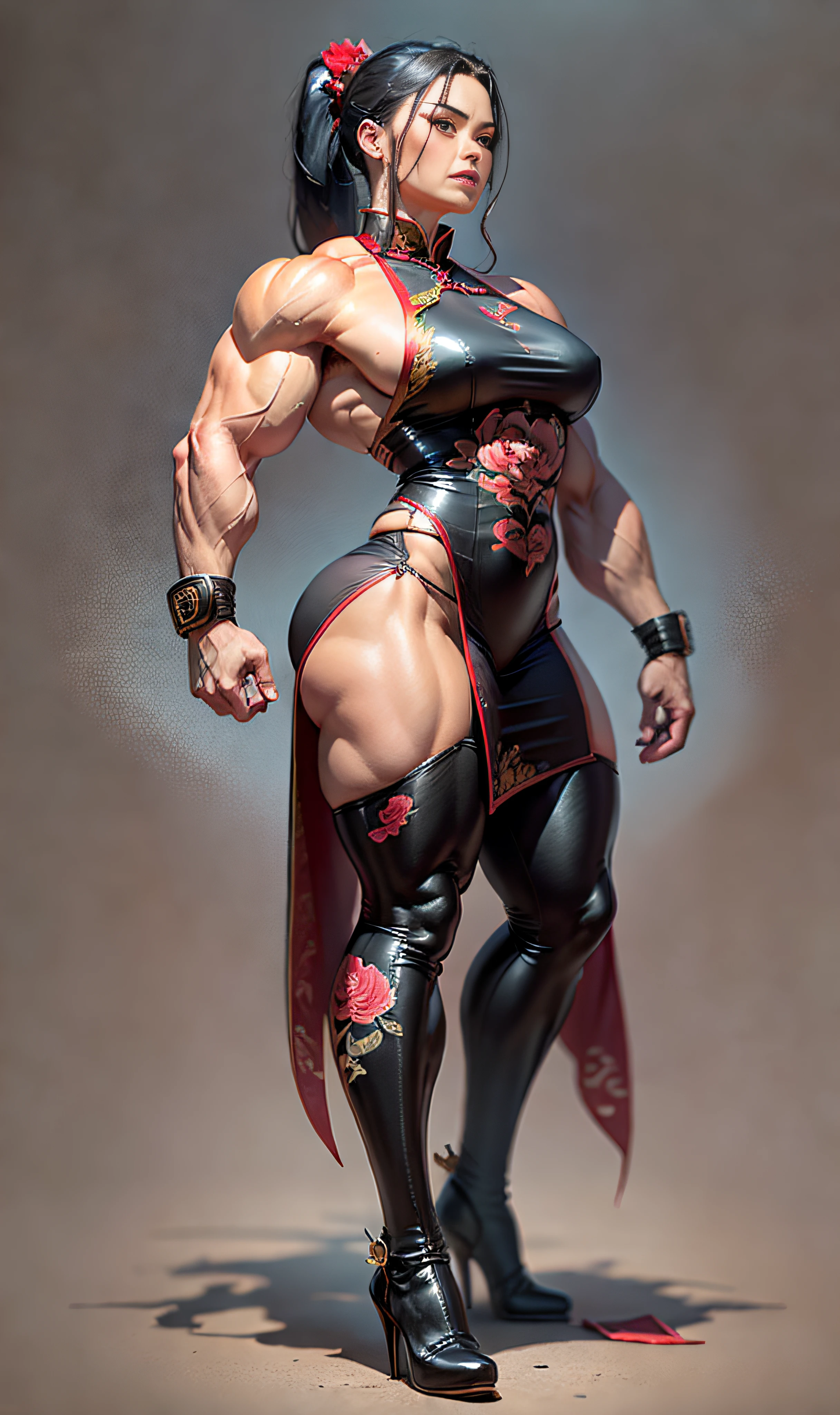 Mature woman in Chinese cheongsam, scarlet long cheongsam, sleeveless, peony embroidery, simple black leather long boots, pin heels, muscle bragging pose, sexually inviting pose, very developed arm and leg muscles, muscles and physique like a male bodybuilder, full body image, distant image, beautiful well-groomed face, 9th figure, muscular prominence visible from the slitThighs, muscular and monstrous, tremendously muscular, exaggerated muscular physique, stocky physique, large hump on the back, protruding blood vessels, muscular thighs, muscular calves, dark armpits, black hair, ponytail