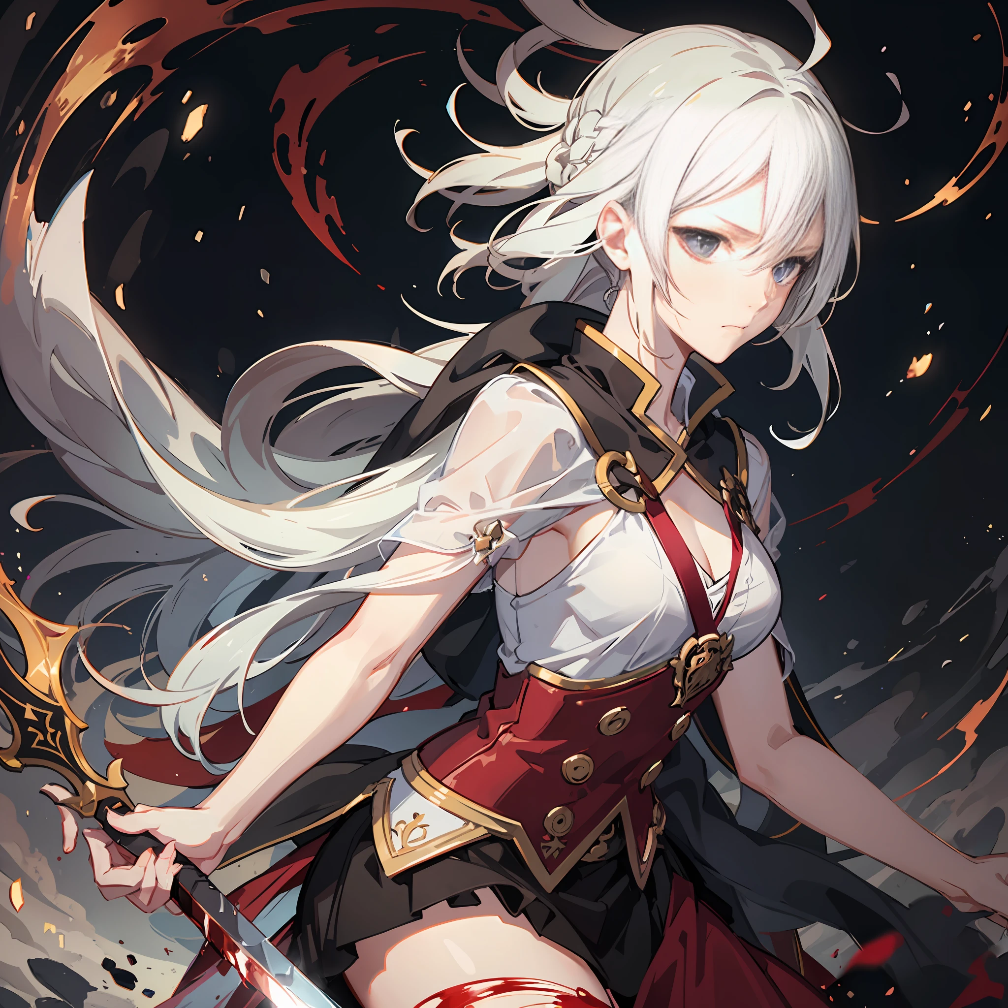 frown, rape face, white hair, messy hair, kanzashi, bloodshot eyes, battle stance, sword in hand, surrealism, anime style, cubism, chiaroscuro, ray tracing, from side, high detail, realism, 8k, super detail, anatomically correct, super detail, super hd, masterpiece, hanfu, outdoor, dynamic view, full body portrait, skirt, tang knife, eyes full of detail,