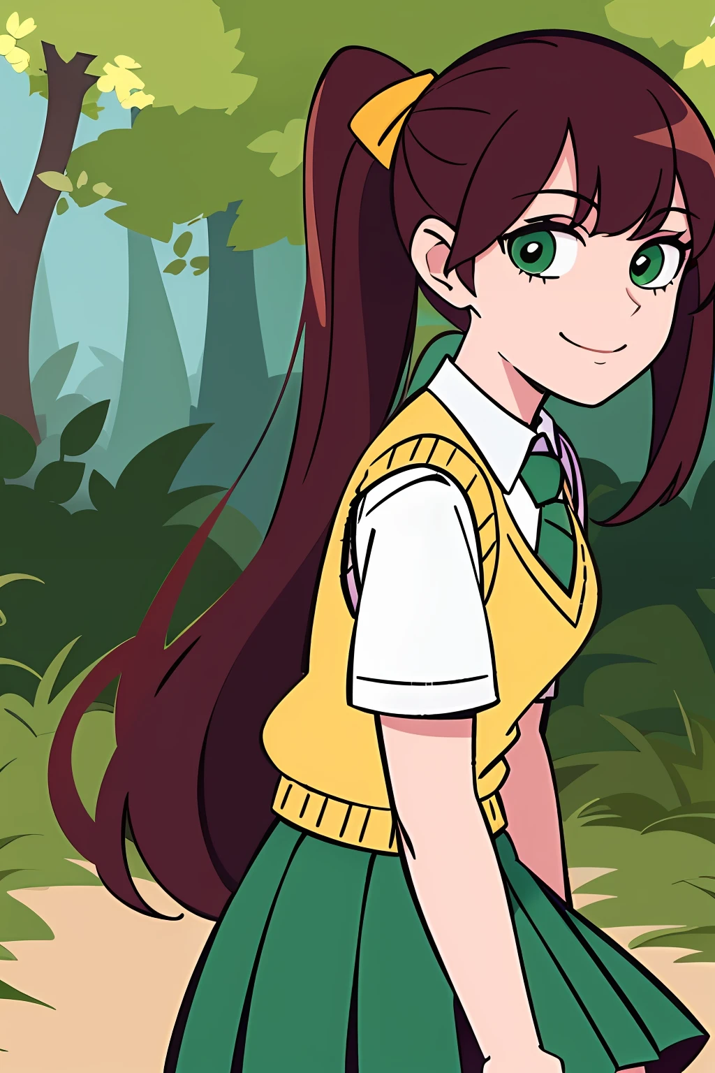 light smile, Schoolgirl attire, white blouse with yellow sweater vest, green striped tie, red plaid skirt and black boots with white buckles, forest green eyes and ashy hair in a twin ponytail