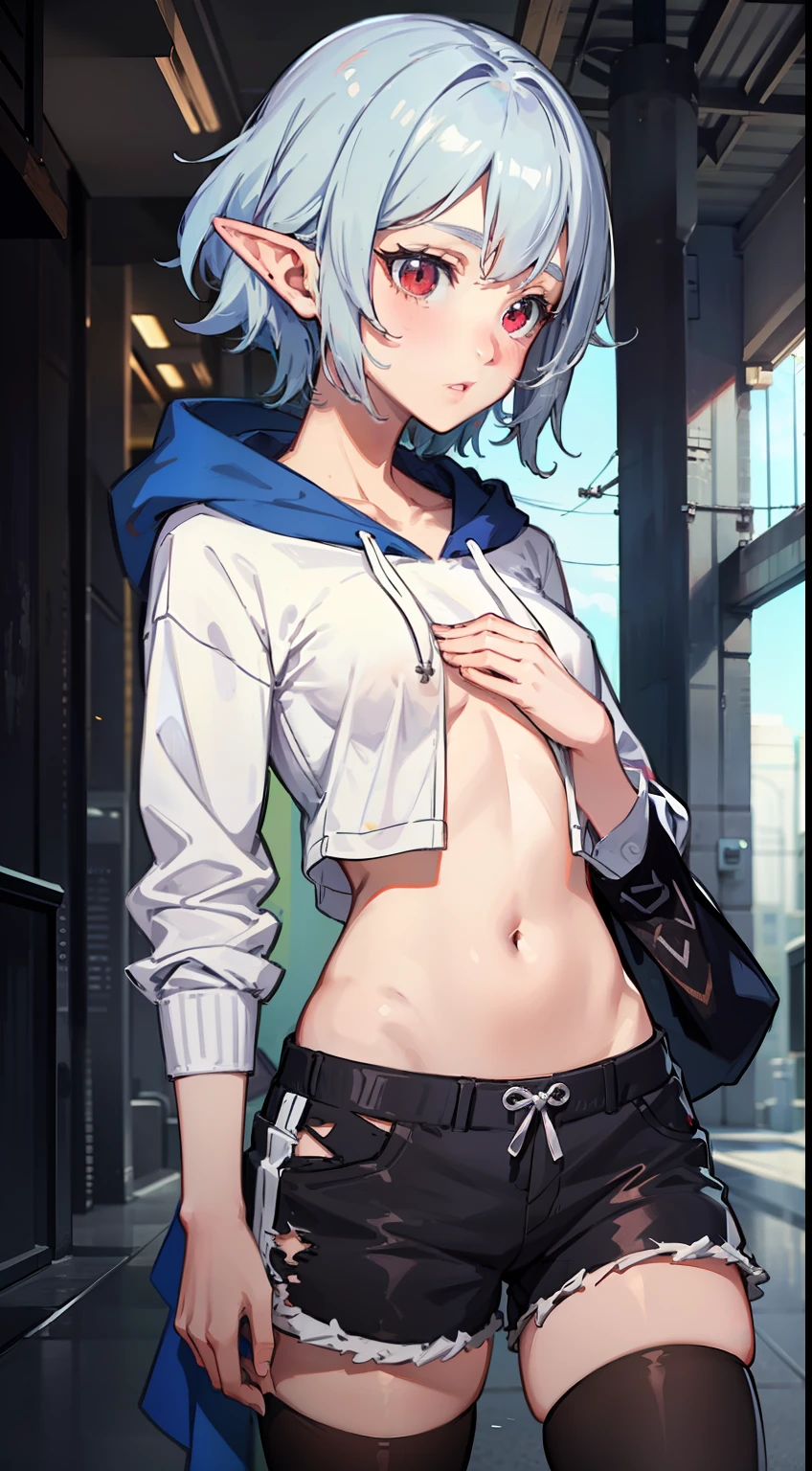 ((Put your hands on your chest)), (surprised)), (Red face), 1 girl closeup, Elf, Silver hair, Red eyes, Hoodie, Shorts, Tights, Sea, TS, Concept art, Beautiful anime scene, Beautiful anime scenery, Best quality, Masterpiece, 4K