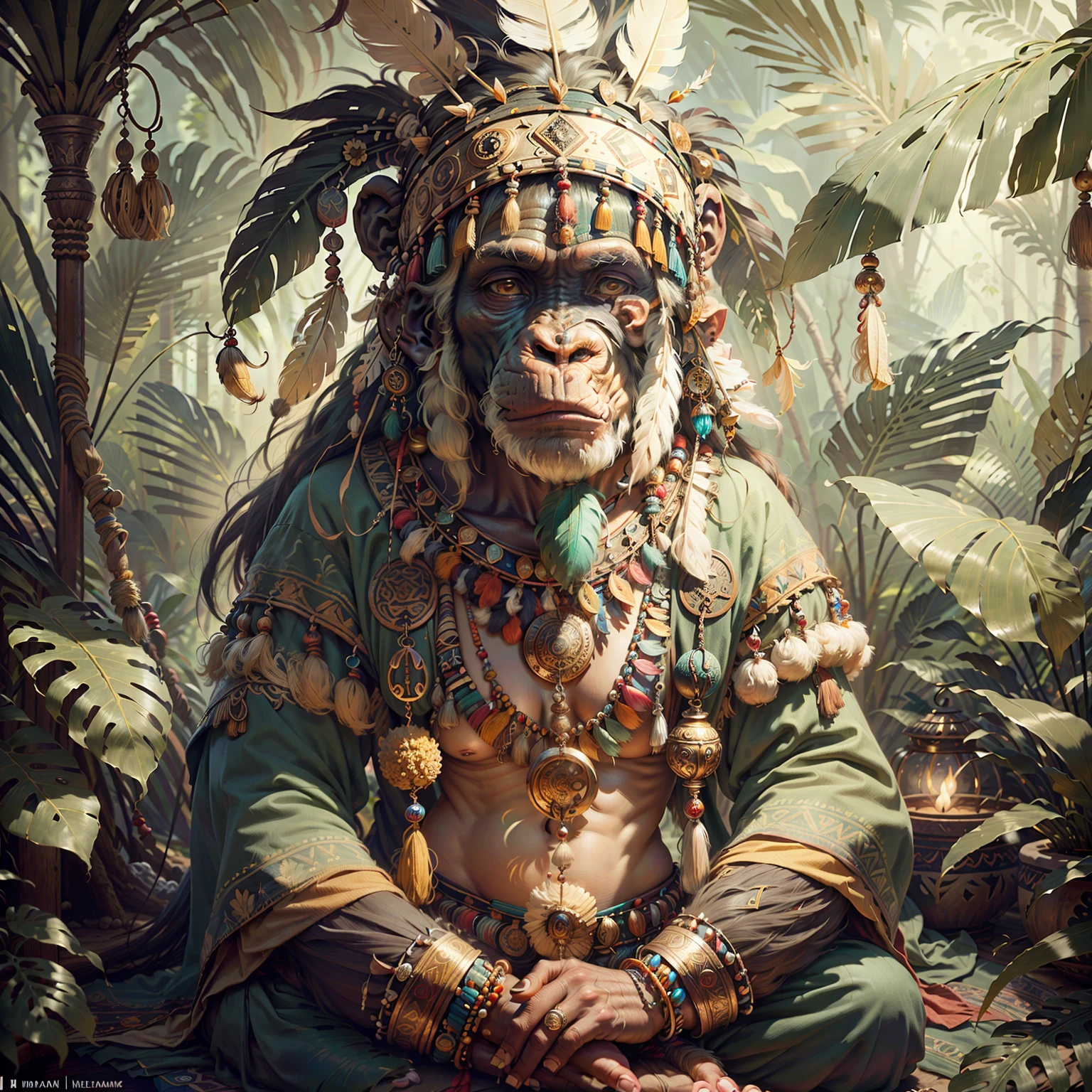 Chimpanzee ((Indian Shaman)),,((meditative state),,Shaman, elegant chimpanzee, hair with details, with Indian headdress on head, ((meditating)) many colorful feathers, colorful feathers, facing the camera, detail: dense tropical foliage, highly detailed intricate, ((masterpiece)), ultra hyperrealistic, masterpiece