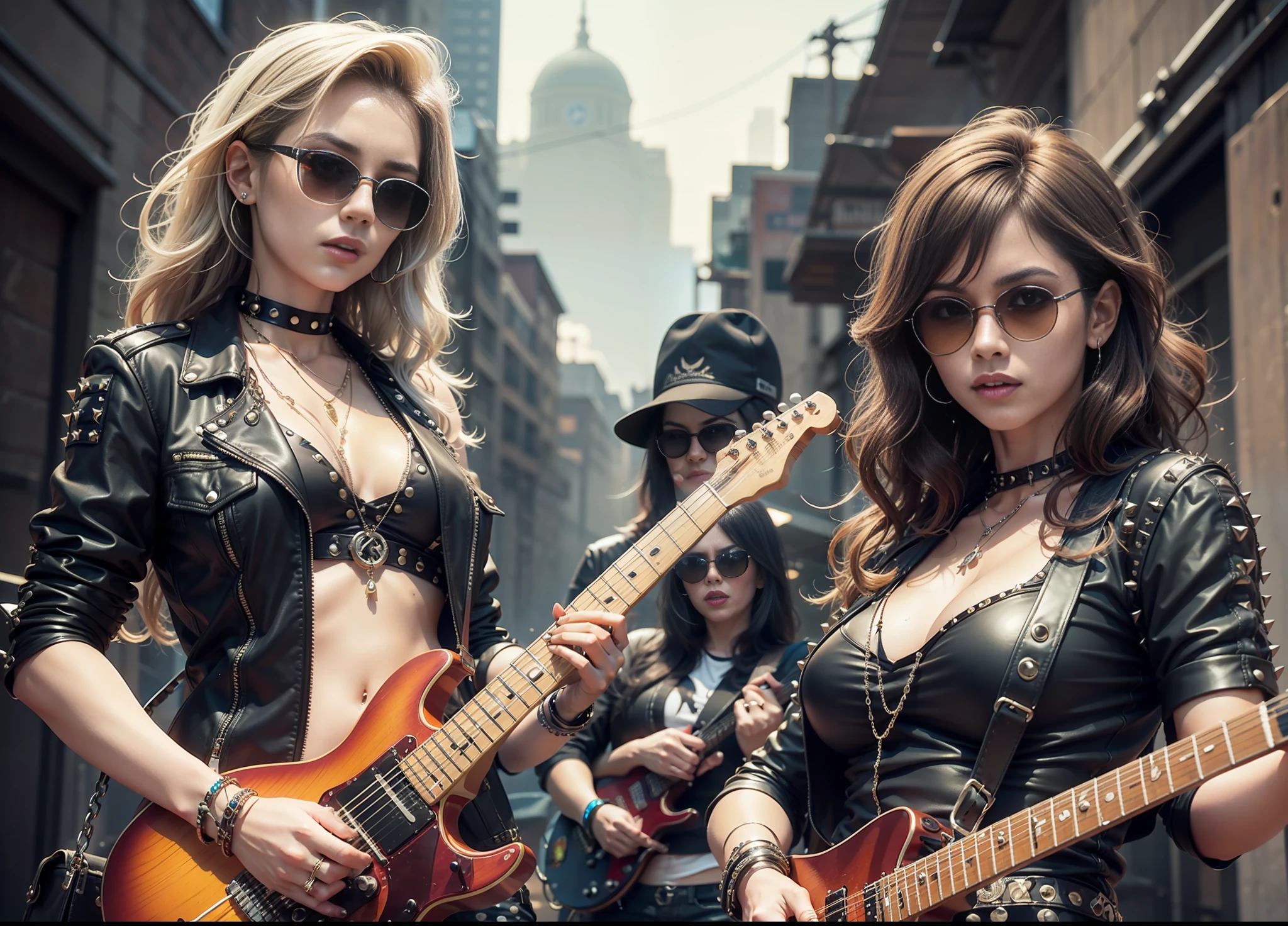 80s woman metal band, sunglasses, rivets, pants, belts, chains, guitars.